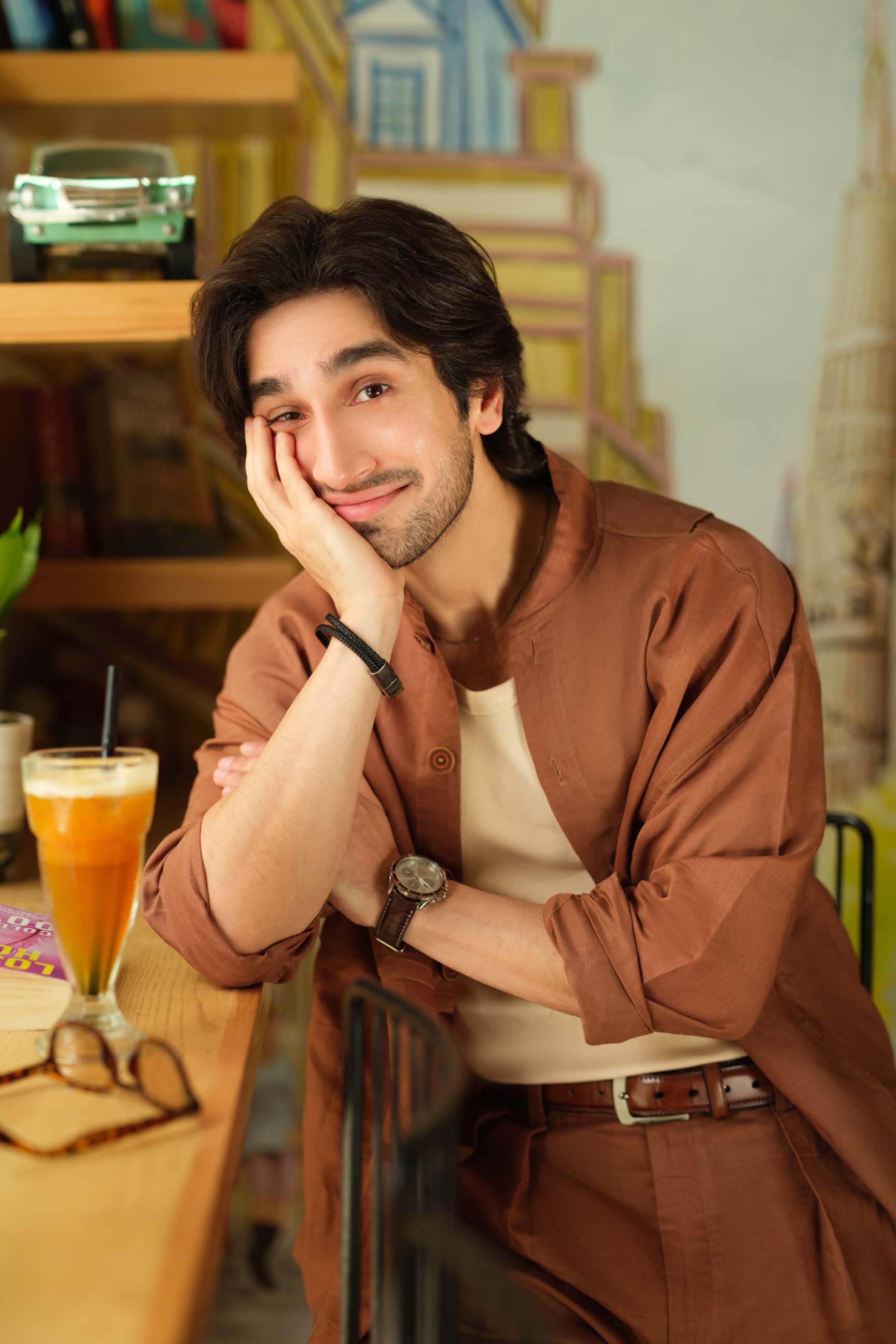 Coco Brown Oversized Shirt & White High-Waist Pant Set