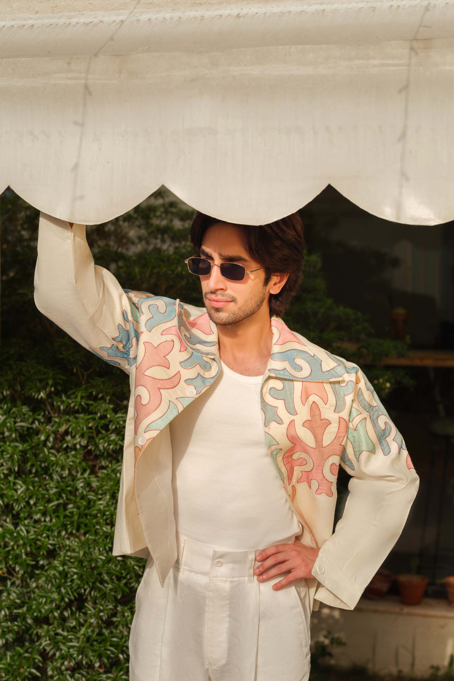 Off-White Embroidered Drop-Shoulder Jacket & High-Waist Pant Set