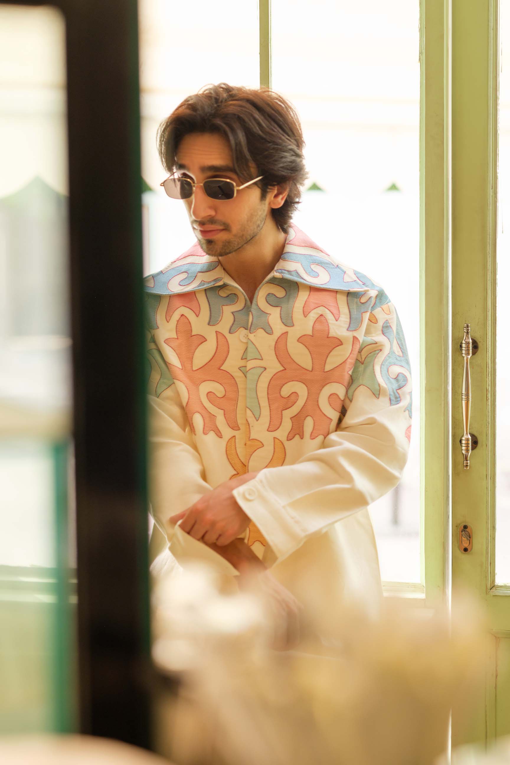 Off-White Embroidered Drop-Shoulder Jacket & High-Waist Pant Set