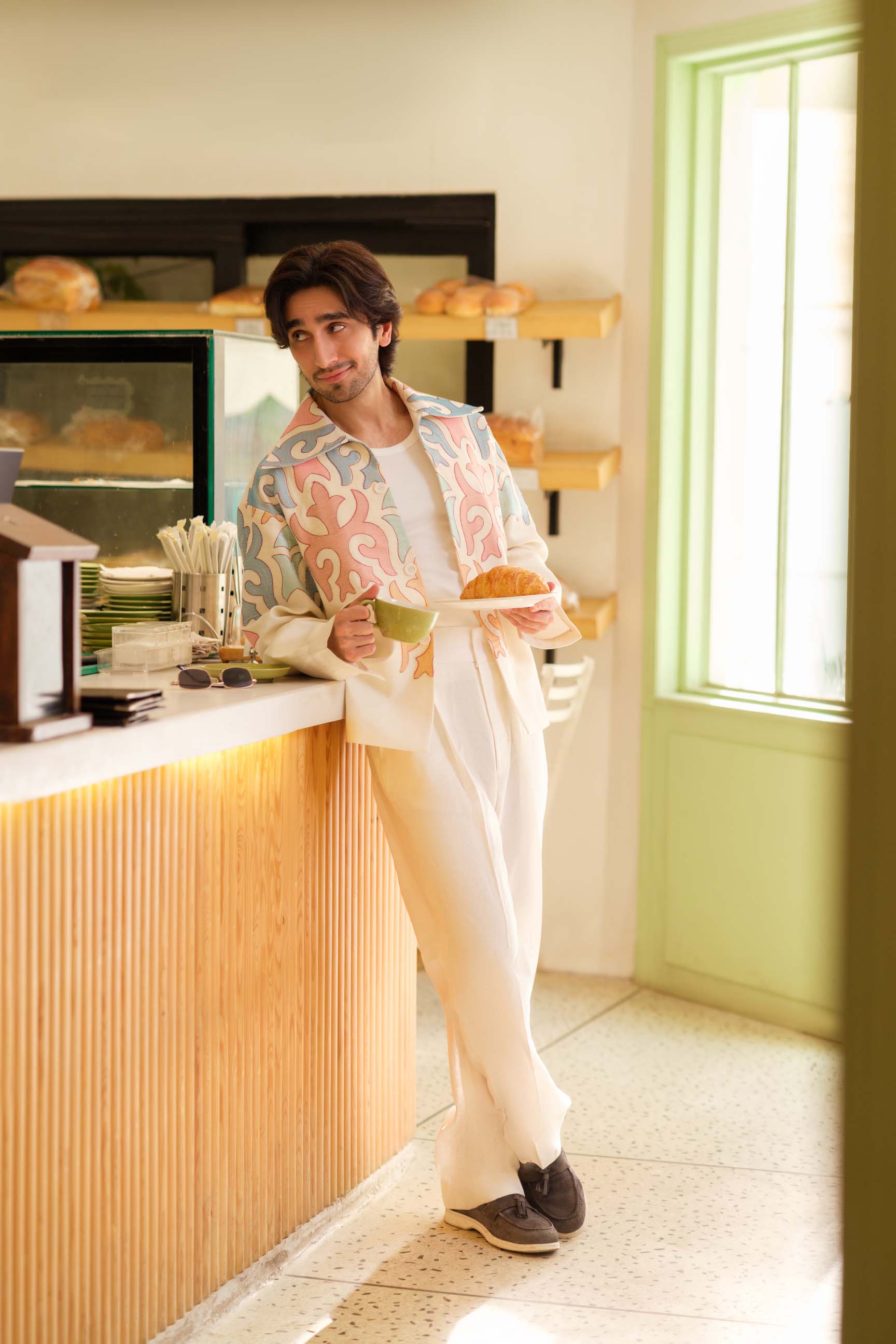 Off-White Embroidered Drop-Shoulder Jacket & High-Waist Pant Set