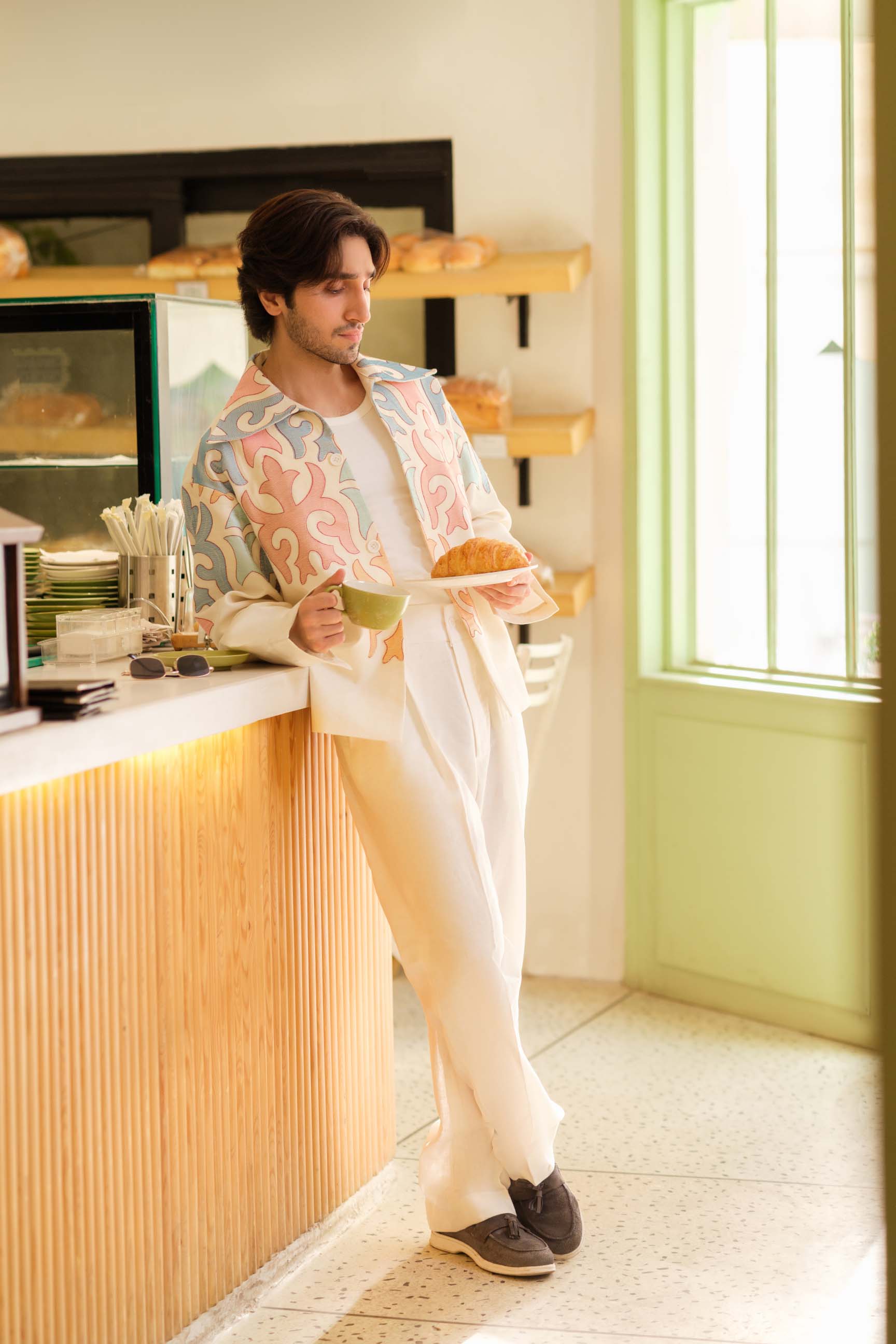 Off-White Embroidered Drop-Shoulder Jacket & High-Waist Pant Set