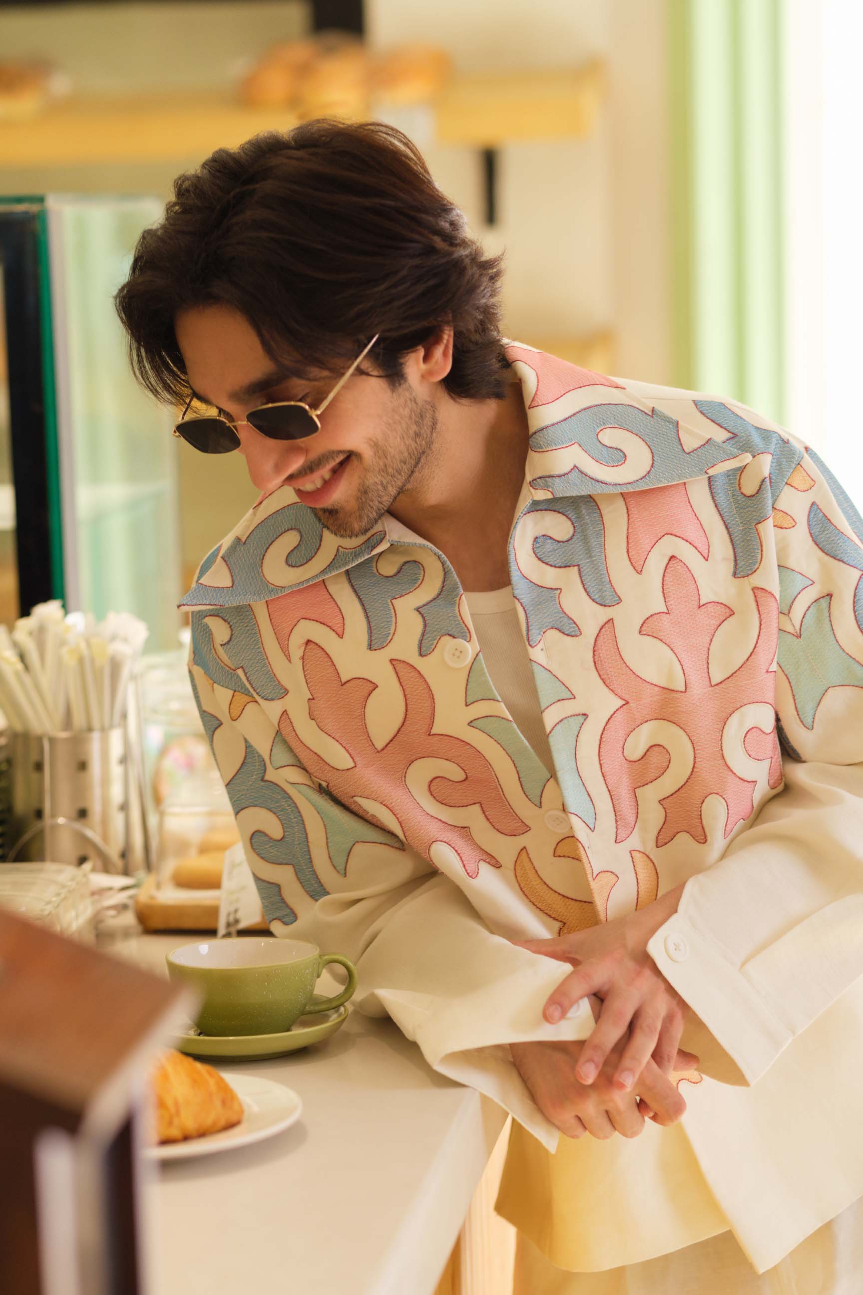 Off-White Embroidered Drop-Shoulder Jacket & High-Waist Pant Set