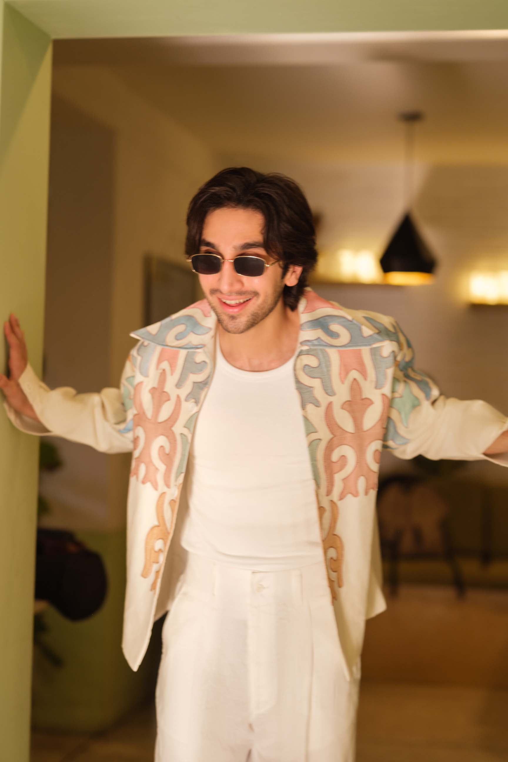 Off-White Embroidered Drop-Shoulder Jacket & High-Waist Pant Set