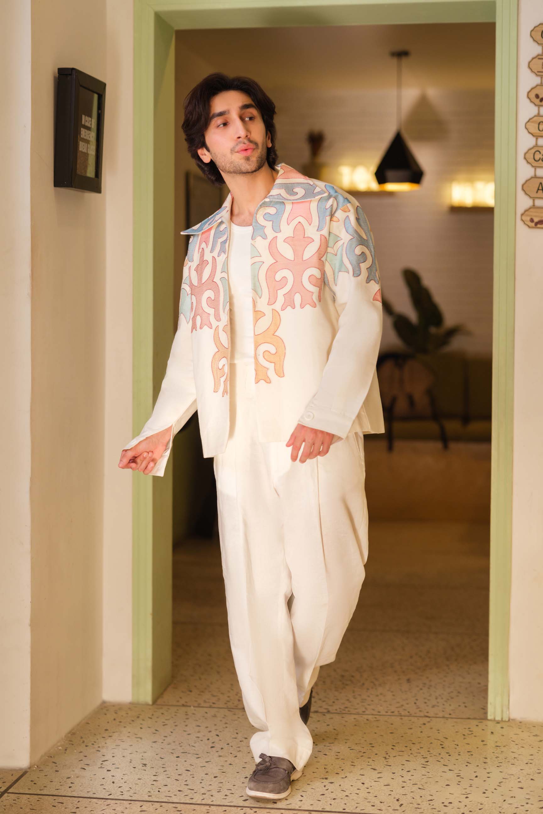 Off-White Embroidered Drop-Shoulder Jacket & High-Waist Pant Set