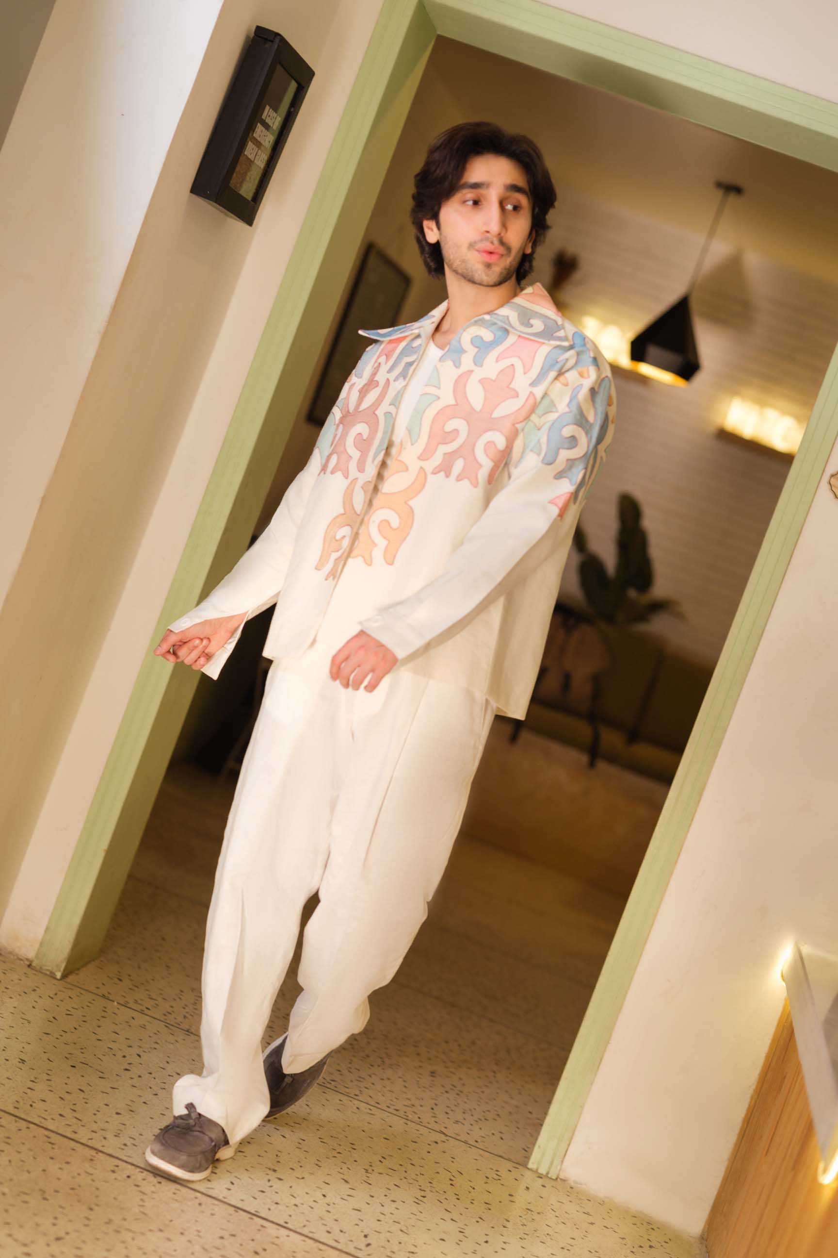 Off-White Embroidered Drop-Shoulder Jacket & High-Waist Pant Set