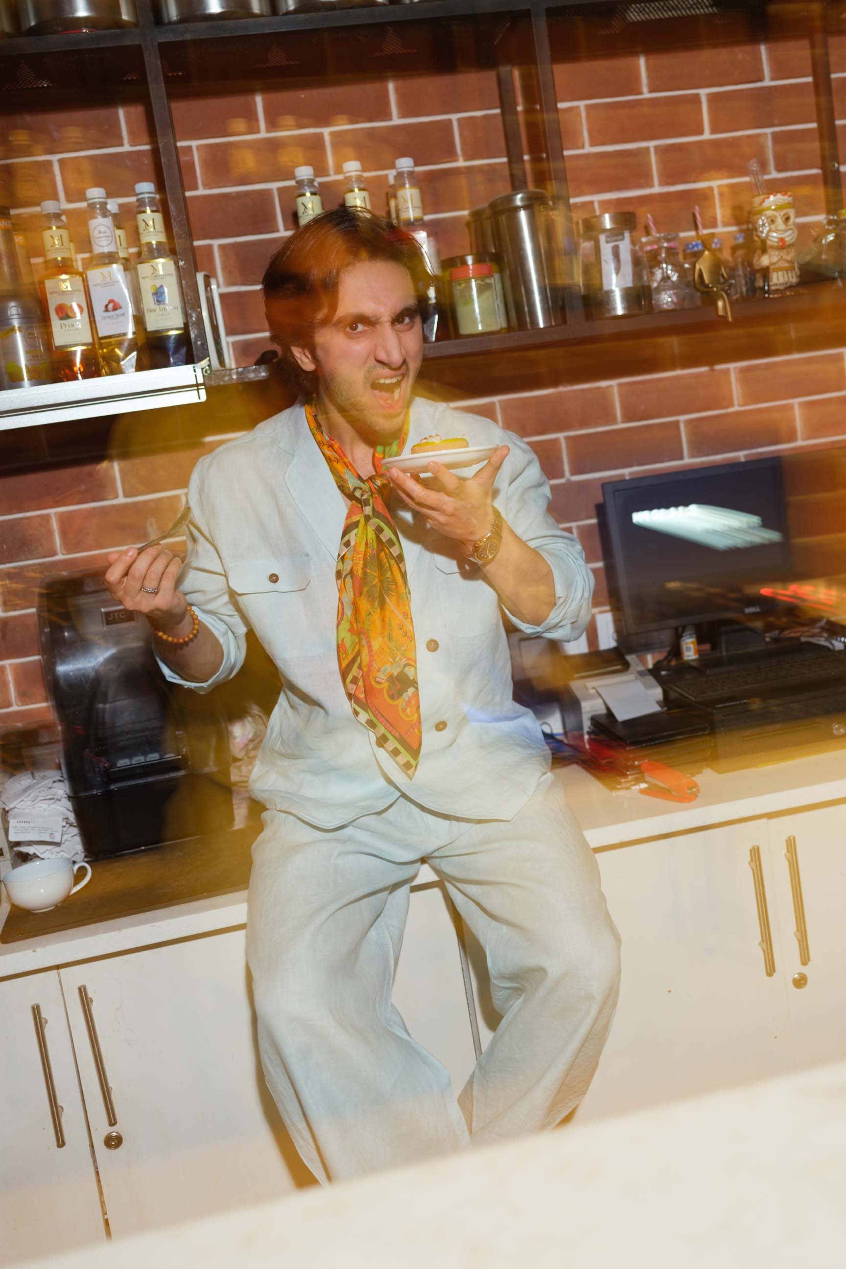 Baby Blue Oversized Double-Breasted Shirt & White High-Waist Pant Set