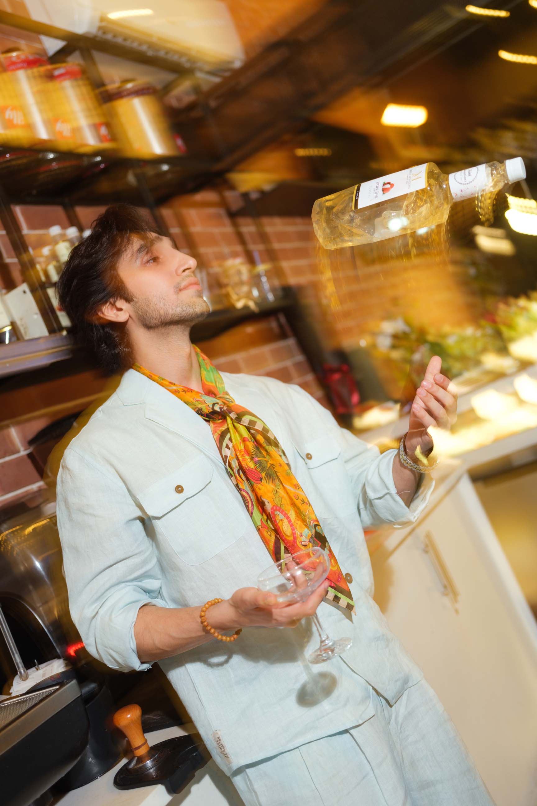 Baby Blue Oversized Double-Breasted Shirt & White High-Waist Pant Set