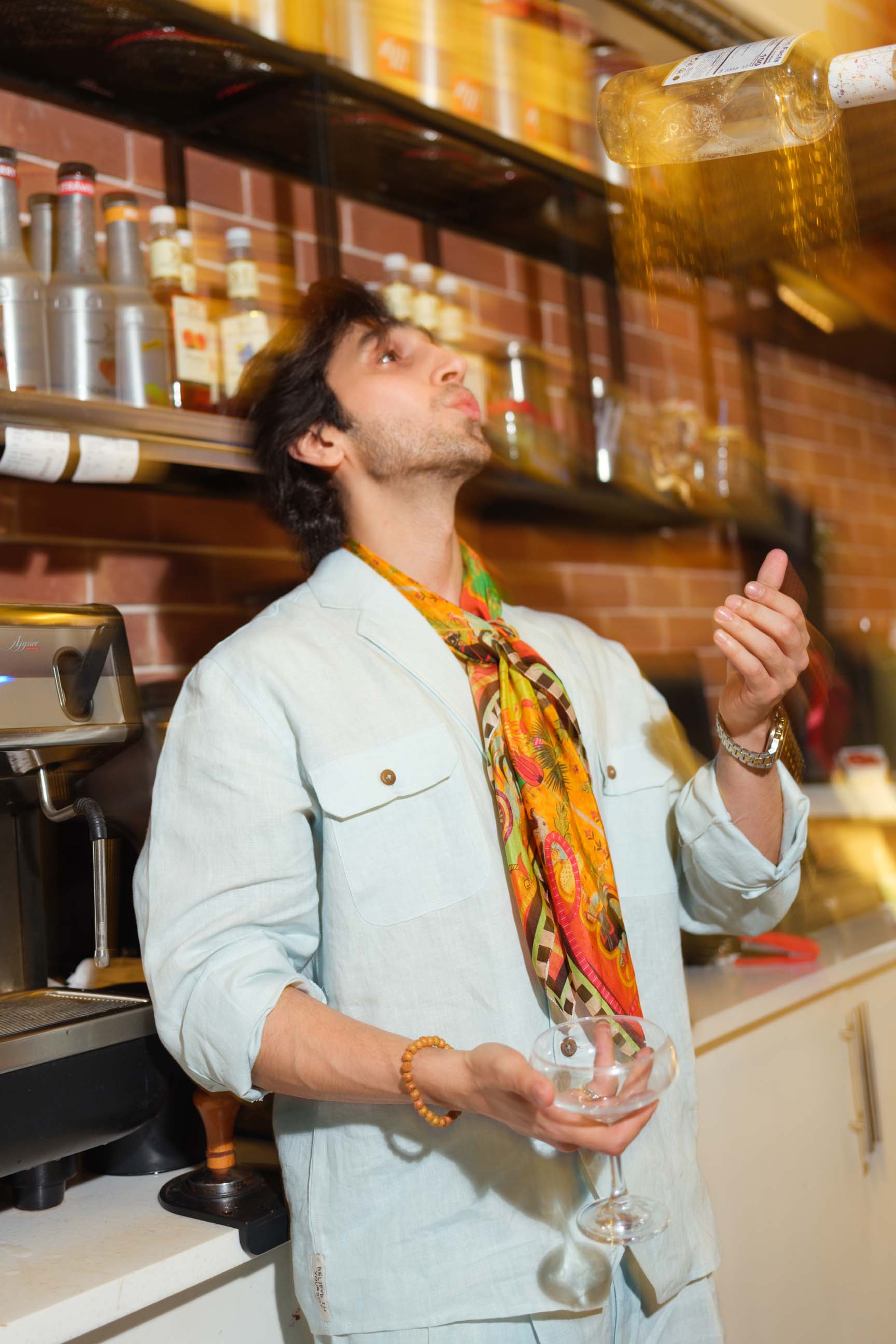Baby Blue Oversized Double-Breasted Shirt & White High-Waist Pant Set