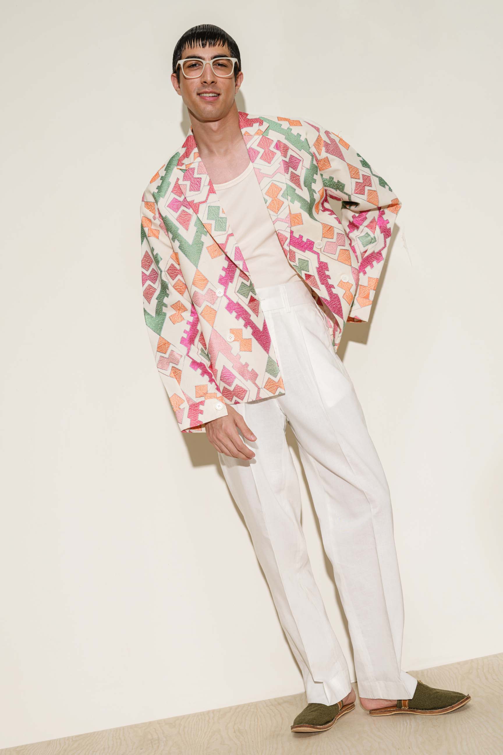 Multicolor Embroidered Oversized Double-Breasted Jacket with High-Waisted Wide-Leg Trousers