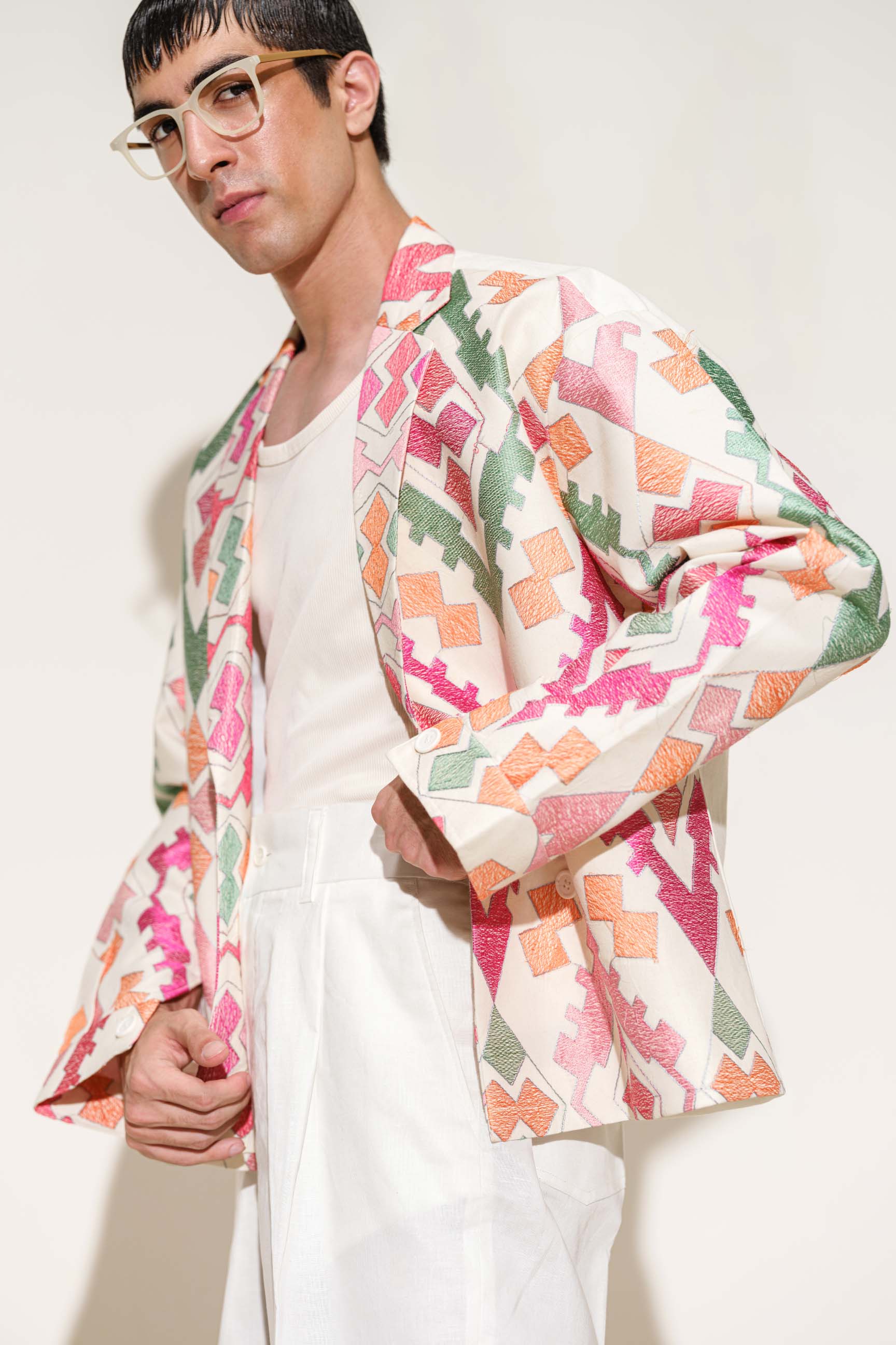 Multicolor Embroidered Oversized Double-Breasted Jacket with High-Waisted Wide-Leg Trousers