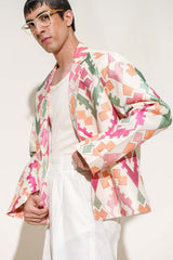 Multicolor Embroidered Oversized Double-Breasted Jacket with High-Waisted Wide-Leg Trousers