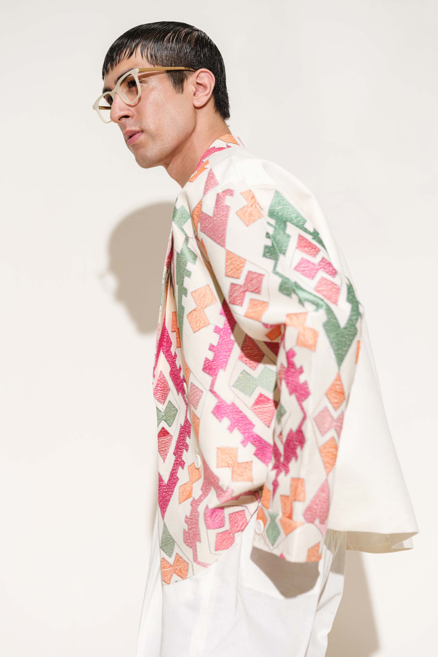 Multicolor Embroidered Oversized Double-Breasted Jacket with High-Waisted Wide-Leg Trousers