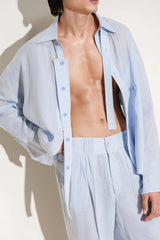 Baby Blue Calle Oversized Utility Shirt with Pleated Wide-Leg Trousers