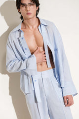 Baby Blue Calle Oversized Utility Shirt with Pleated Wide-Leg Trousers