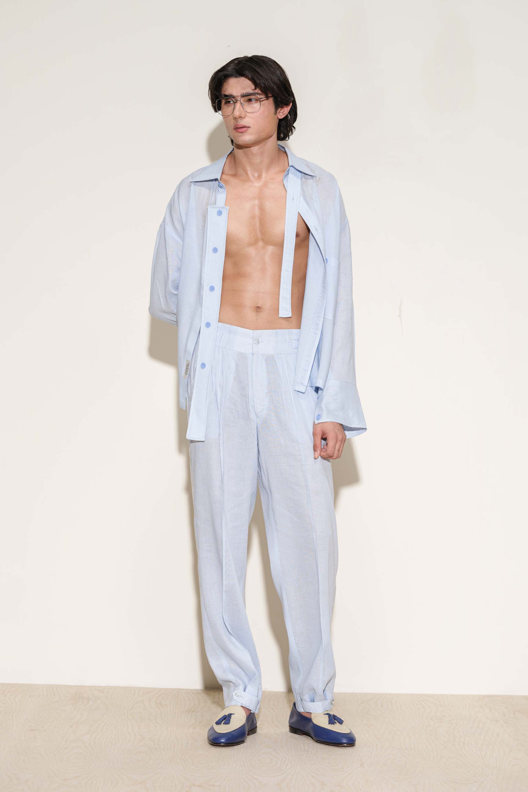 Baby Blue Calle Oversized Utility Shirt with Pleated Wide-Leg Trousers