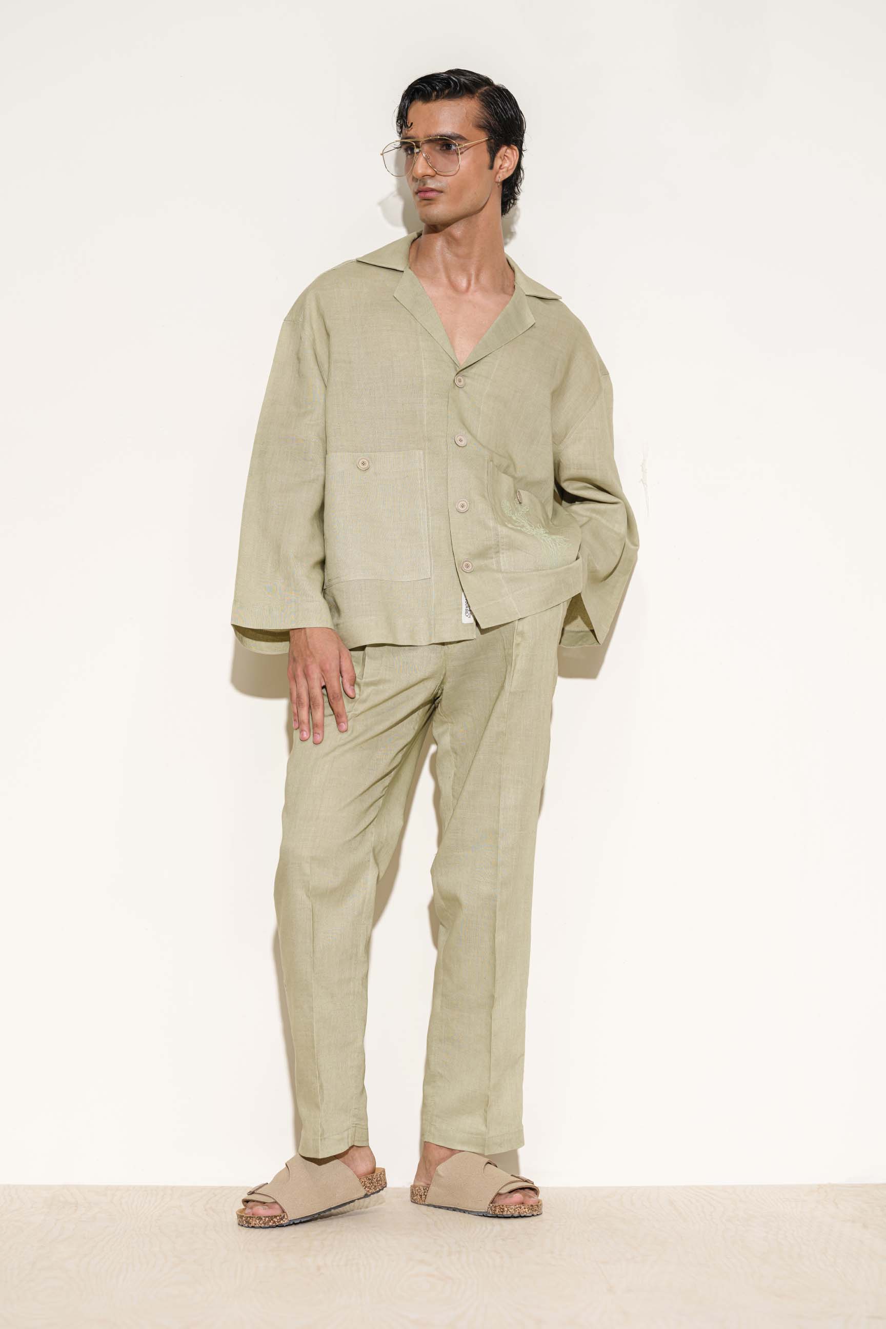 Light Olive Green Calle Oversized Utility Shirt with Wide-Leg Trousers