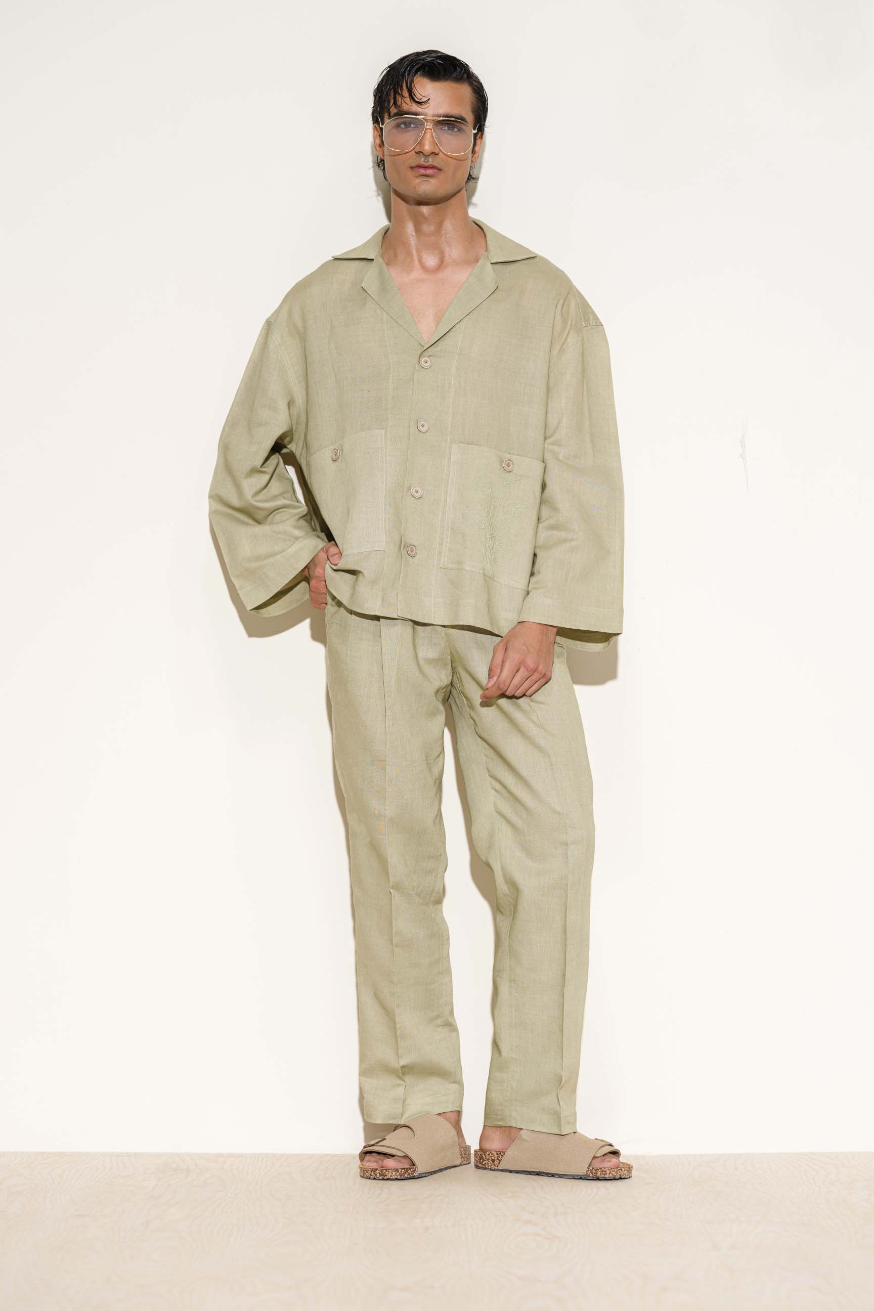 Light Olive Green Calle Oversized Utility Shirt with Wide-Leg Trousers