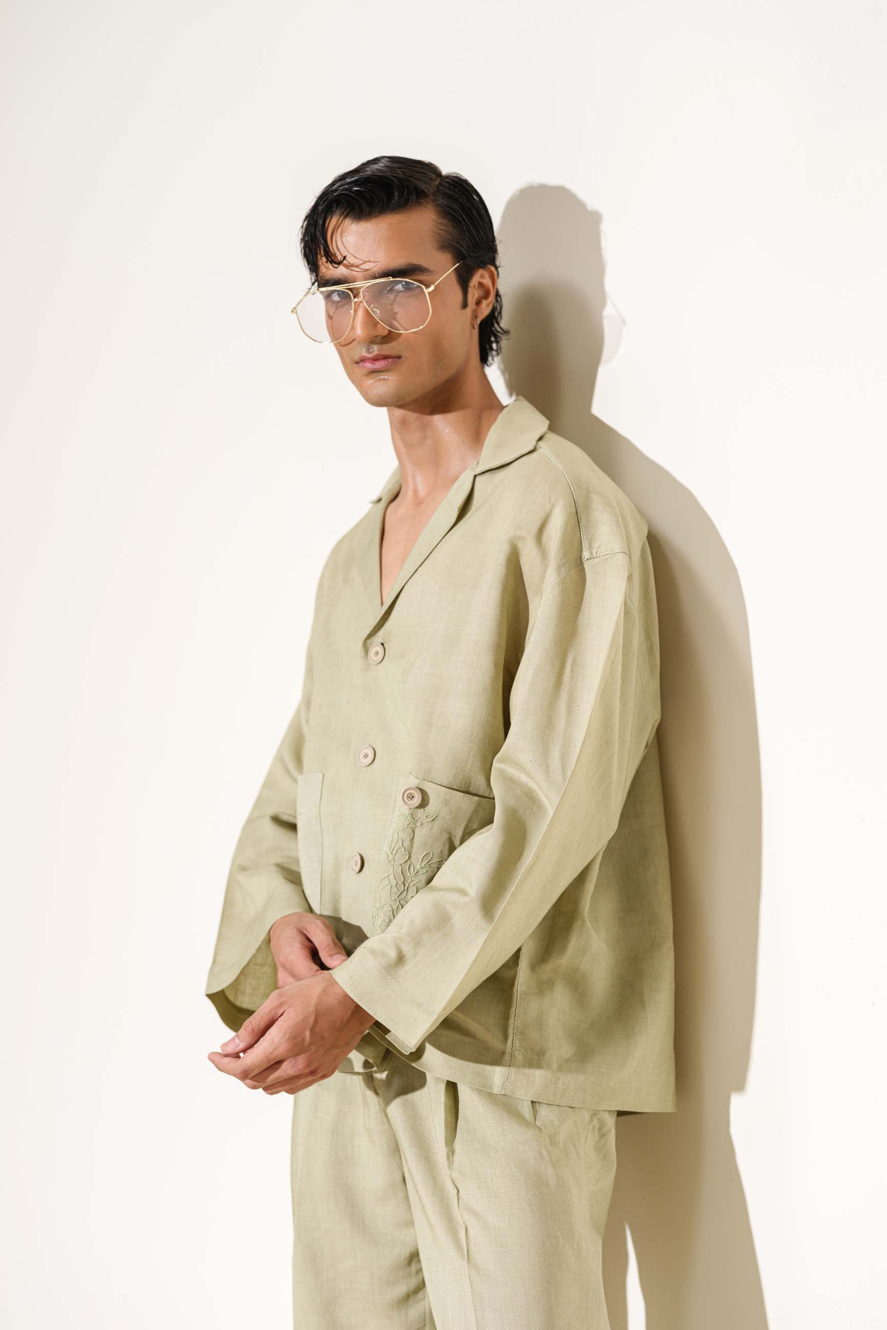 Light Olive Green Calle Oversized Utility Shirt with Wide-Leg Trousers