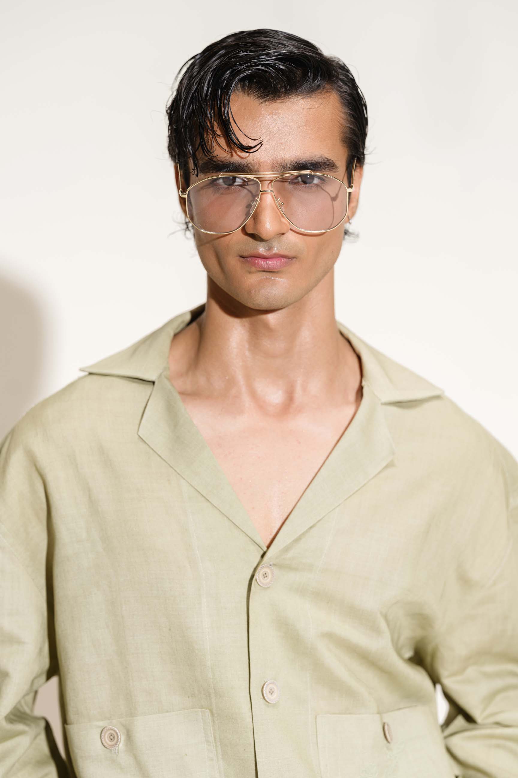 Light Olive Green Calle Oversized Utility Shirt with Wide-Leg Trousers