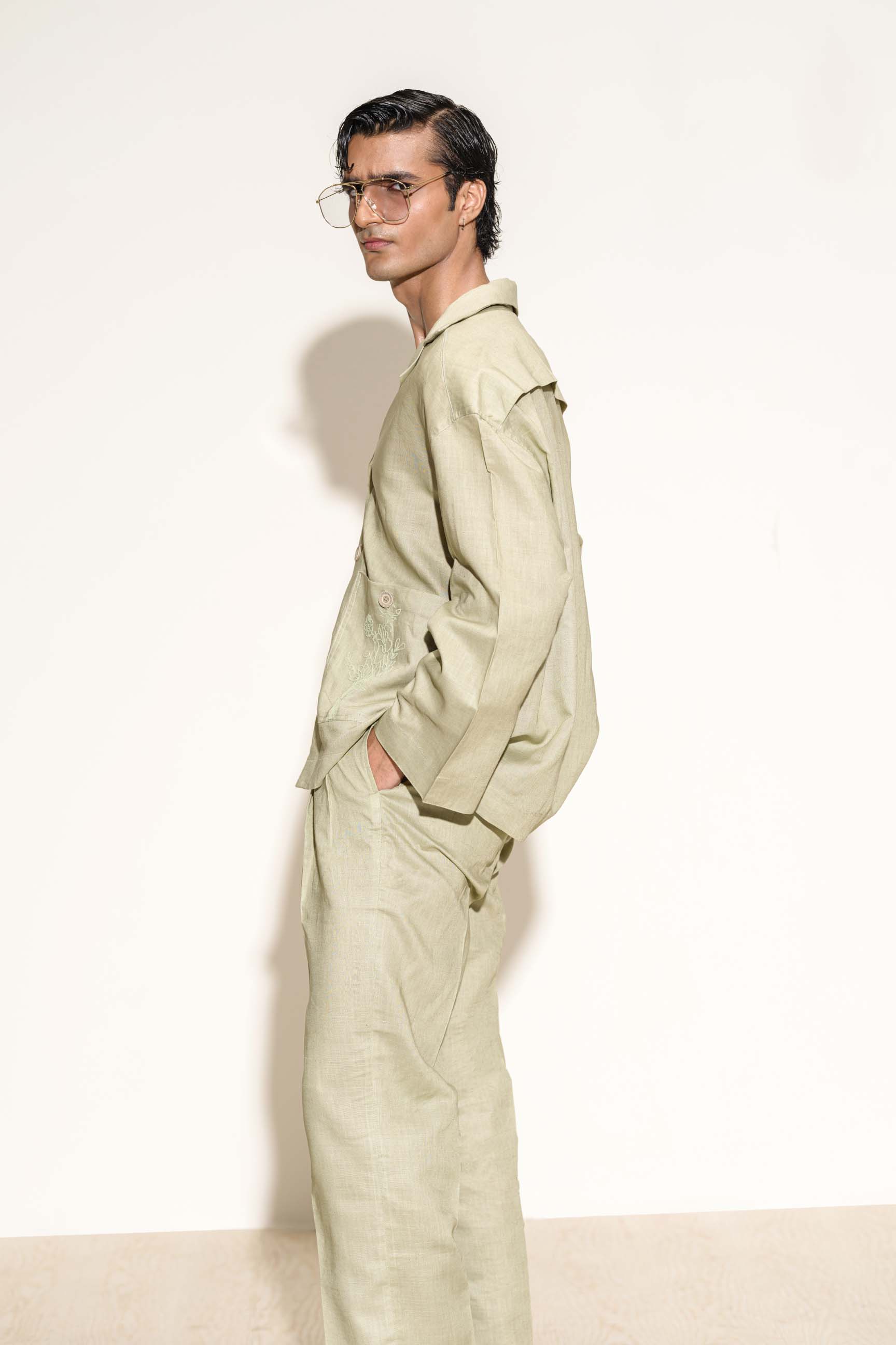 Light Olive Green Calle Oversized Utility Shirt with Wide-Leg Trousers