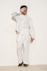 Milky White “Old Money” Chinese Collar Shirt with Bell-Bottom Trousers