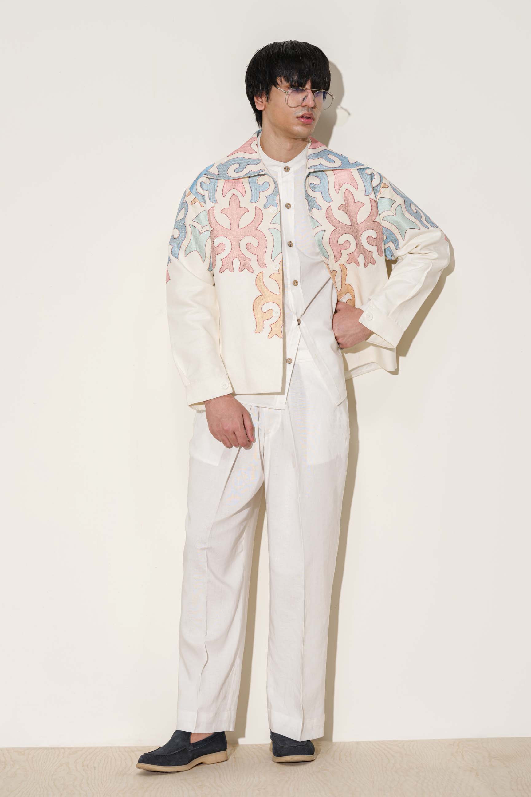 Ivory White Multicolor Embroidered Oversized Jacket with High-Waisted Wide-Leg Trousers