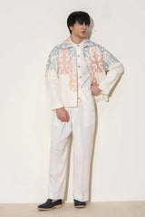 Ivory White Multicolor Embroidered Oversized Jacket with High-Waisted Wide-Leg Trousers
