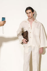 Natural Cream “Old Money” Shirt with Chinese Loop Buttons & Wide Trousers