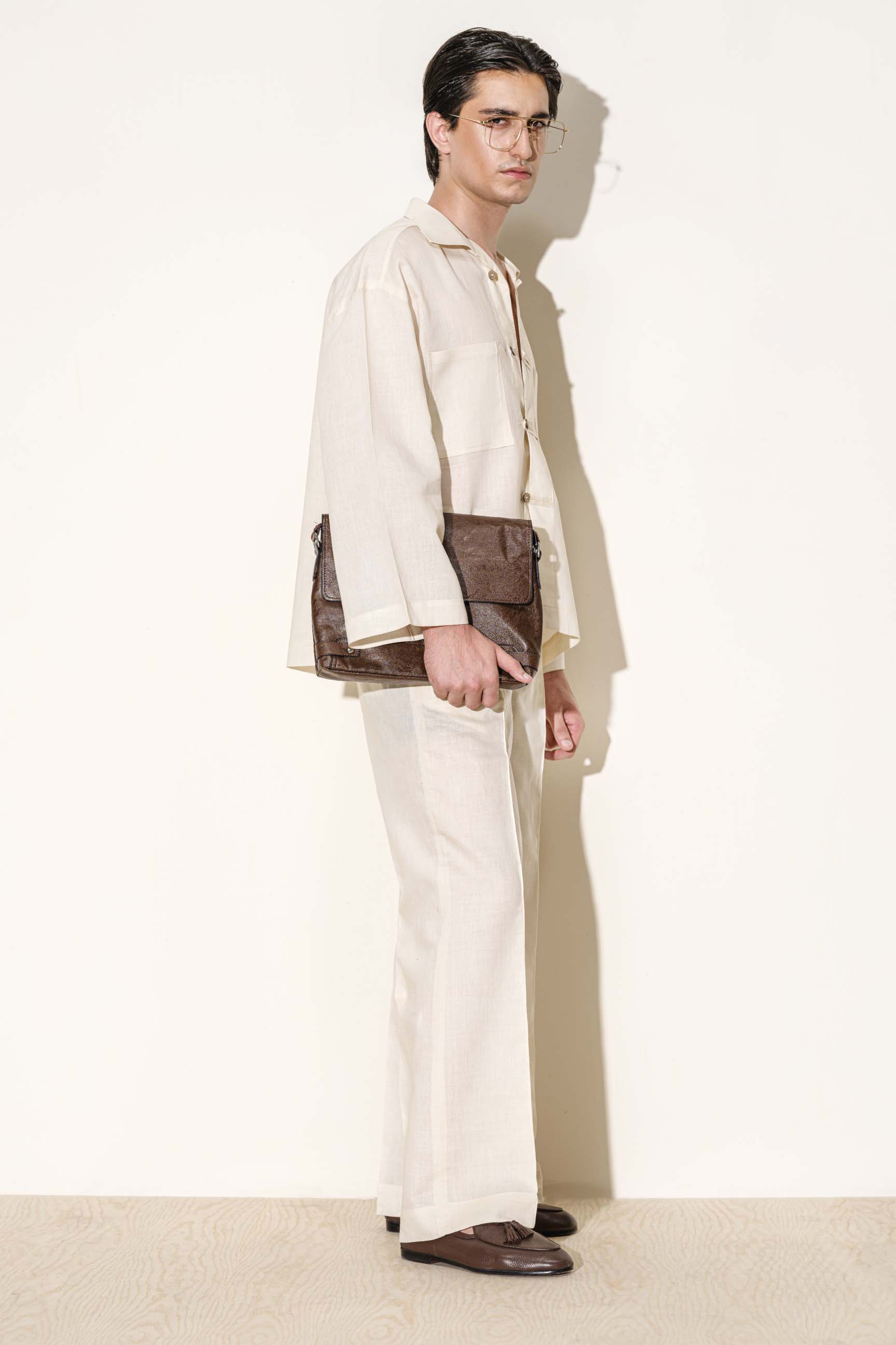 Natural Cream “Old Money” Shirt with Chinese Loop Buttons & Wide Trousers