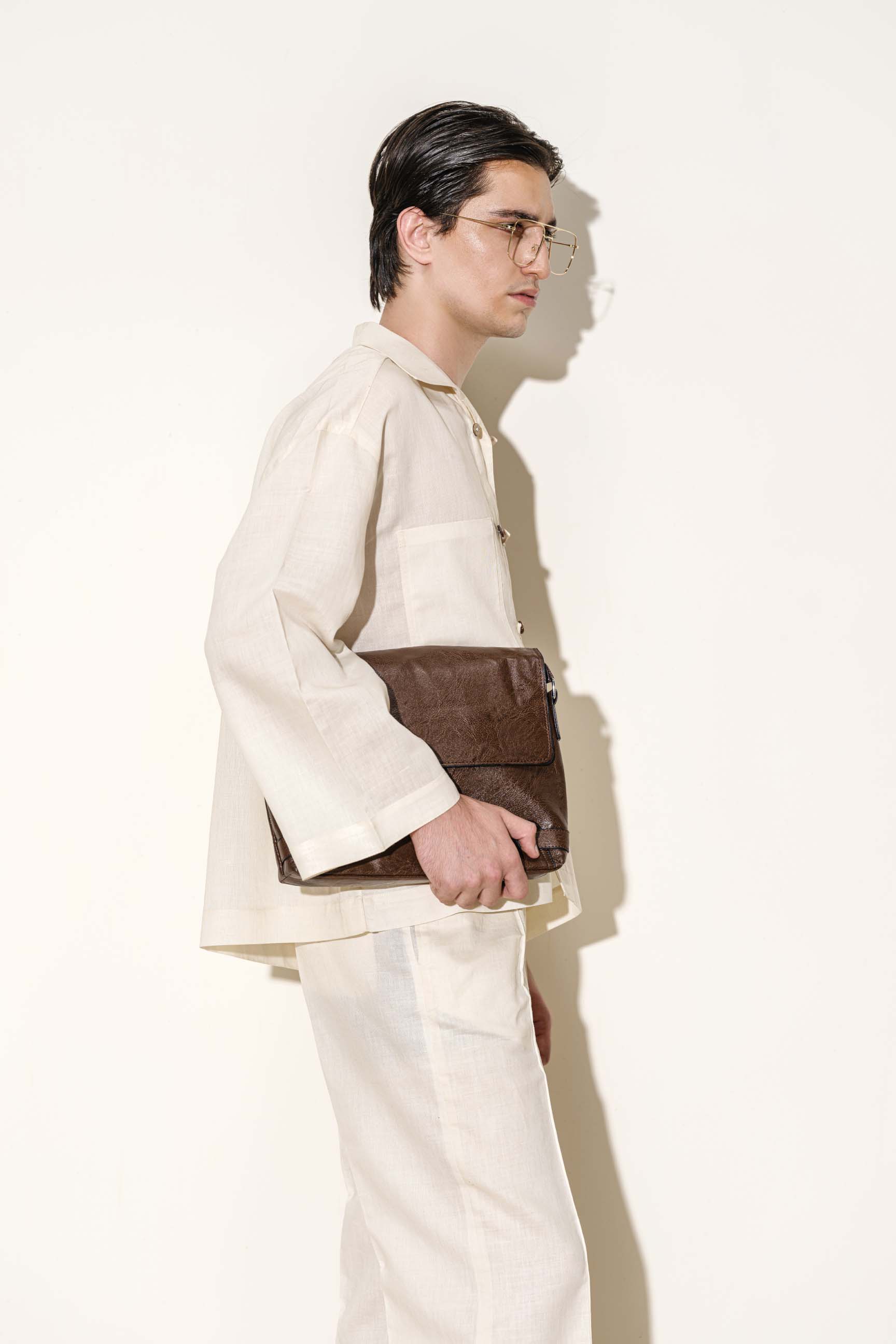Natural Cream “Old Money” Shirt with Chinese Loop Buttons & Wide Trousers