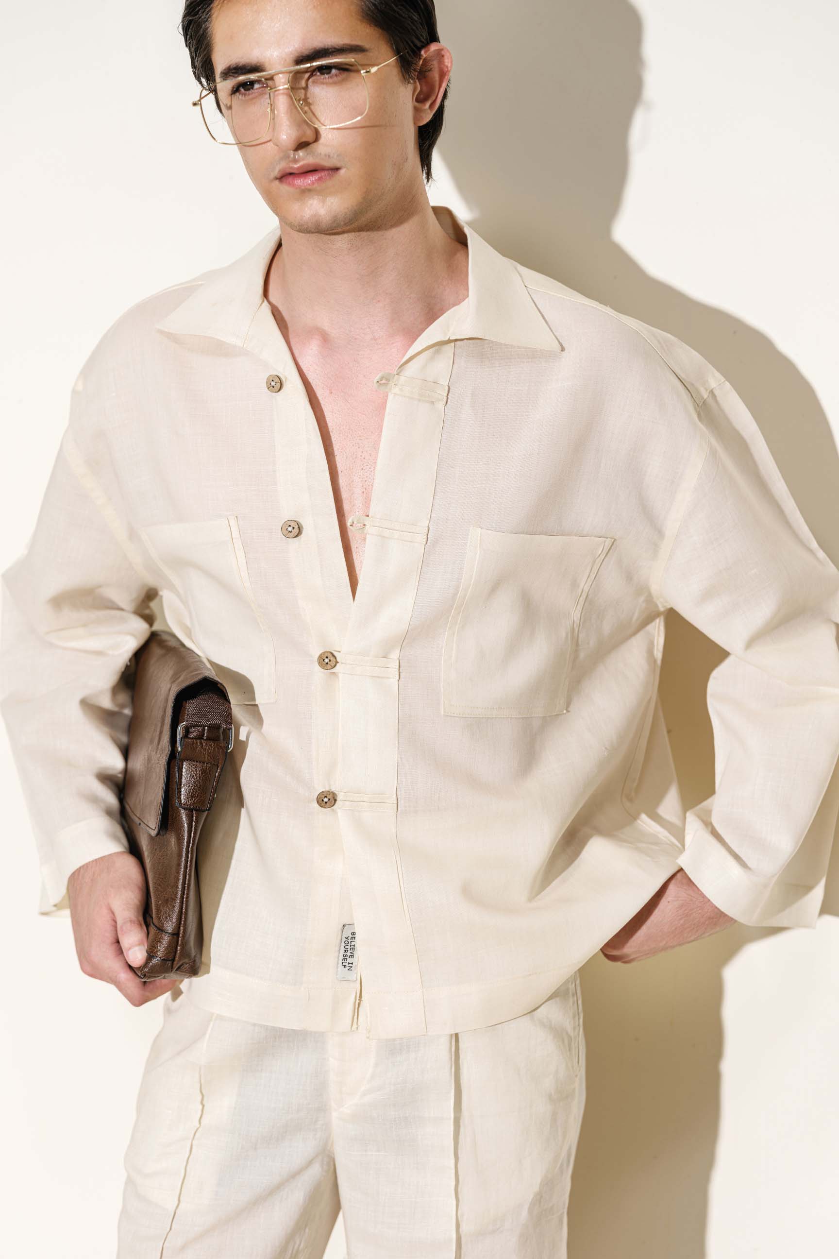 Natural Cream “Old Money” Shirt with Chinese Loop Buttons & Wide Trousers