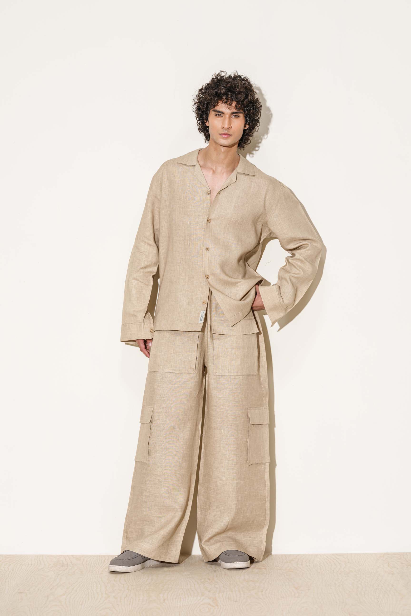 Linen Brown “Old Money” Cuban Collar Shirt with Cargo Pocket Bell-Bottom Trousers