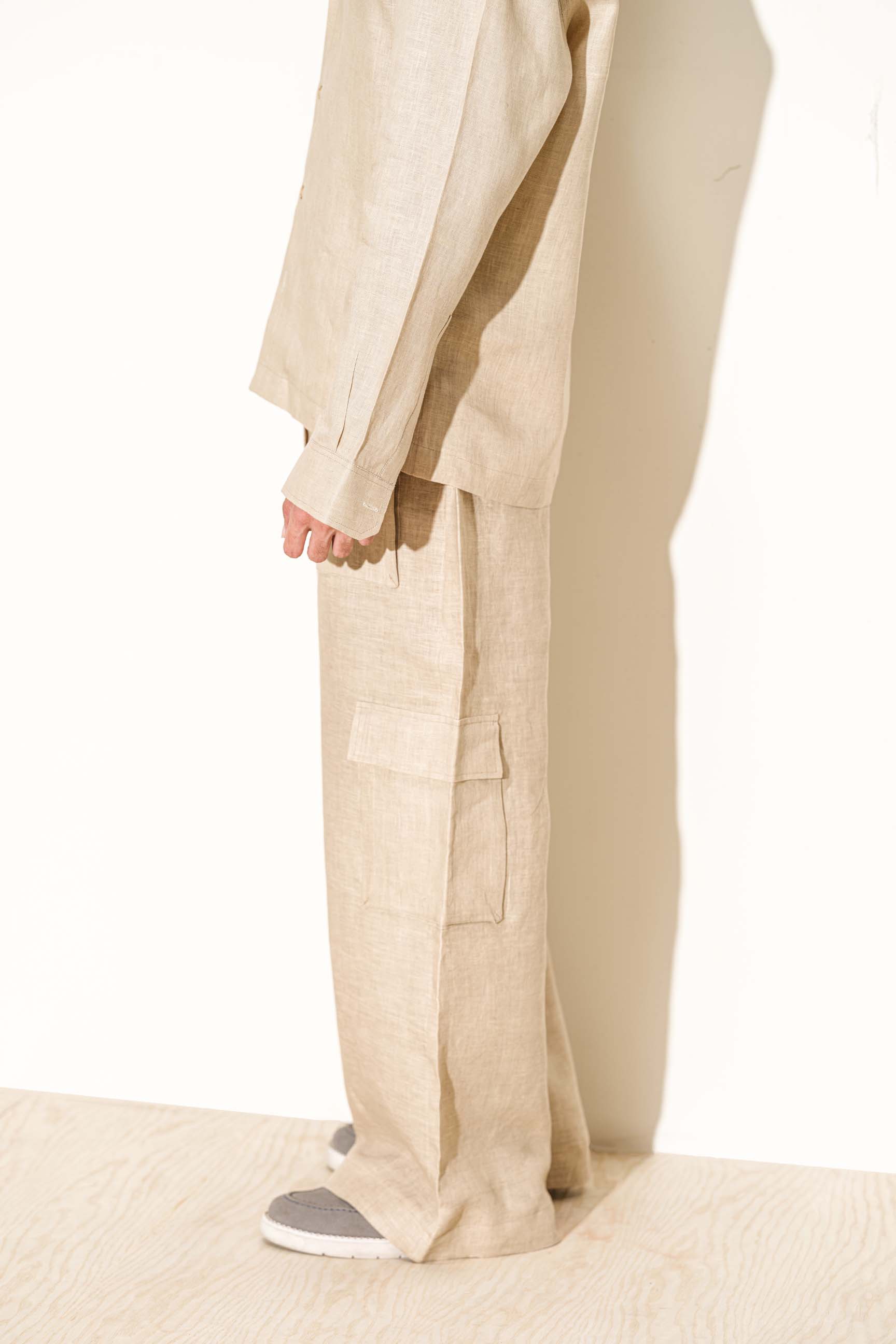 Linen Brown “Old Money” Cuban Collar Shirt with Cargo Pocket Bell-Bottom Trousers