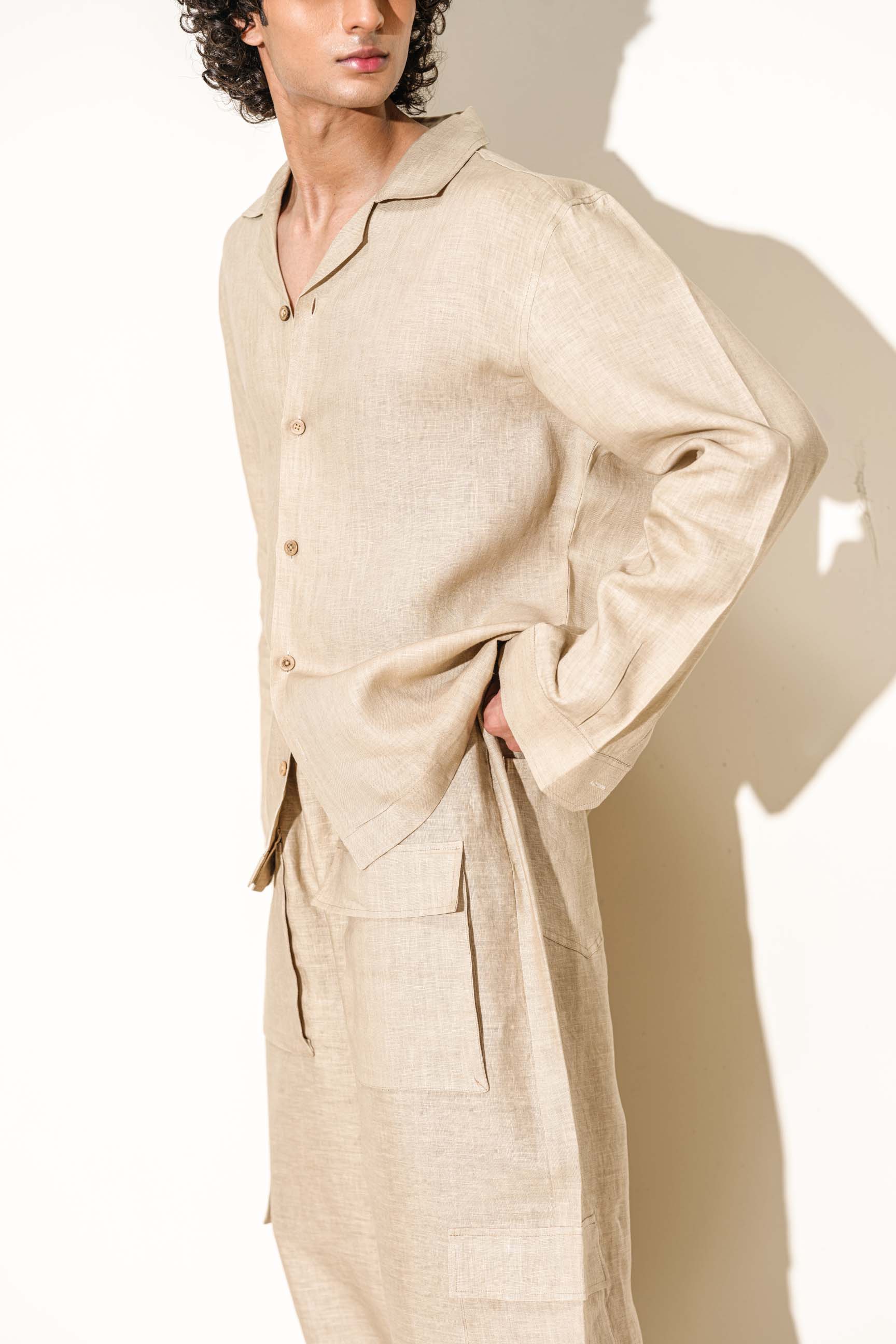 Linen Brown “Old Money” Cuban Collar Shirt with Cargo Pocket Bell-Bottom Trousers