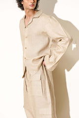 Linen Brown “Old Money” Cuban Collar Shirt with Cargo Pocket Bell-Bottom Trousers