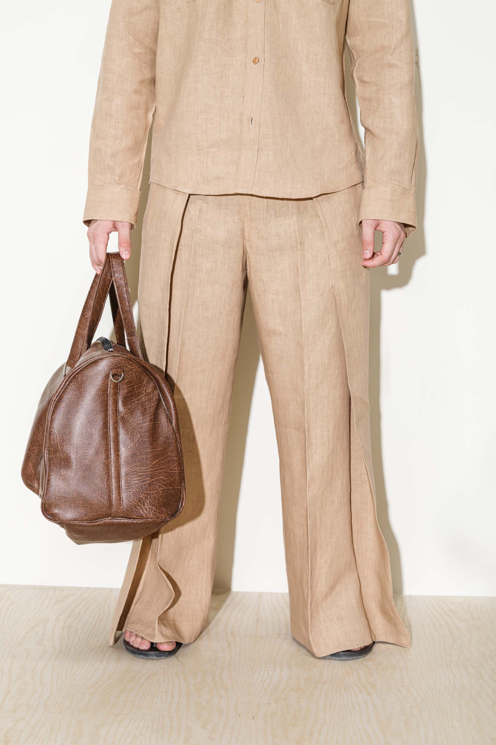 Flaxen Brown “Old Money” Cuban Collar Shirt with Bell-Bottom Trousers