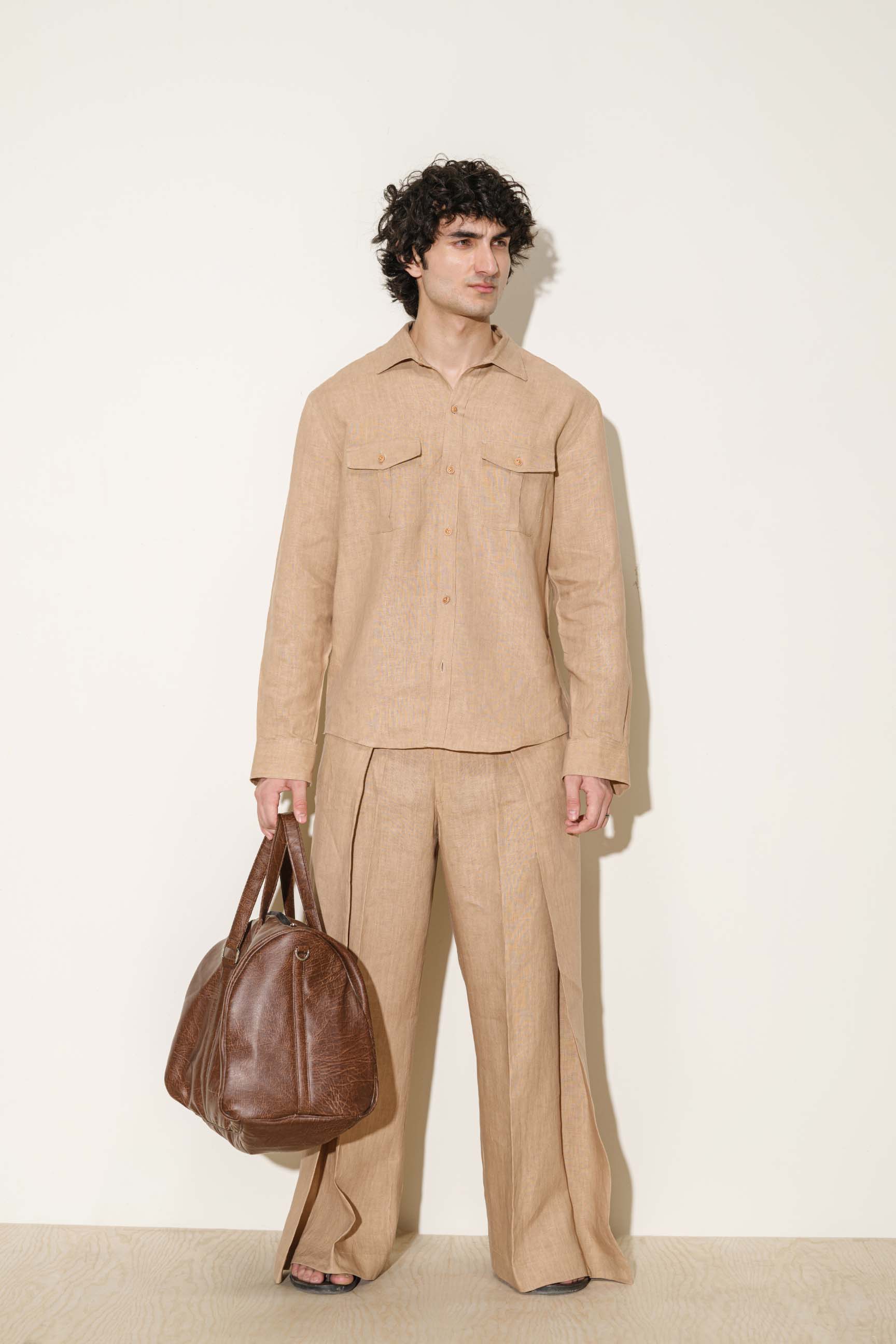 Flaxen Brown “Old Money” Cuban Collar Shirt with Bell-Bottom Trousers