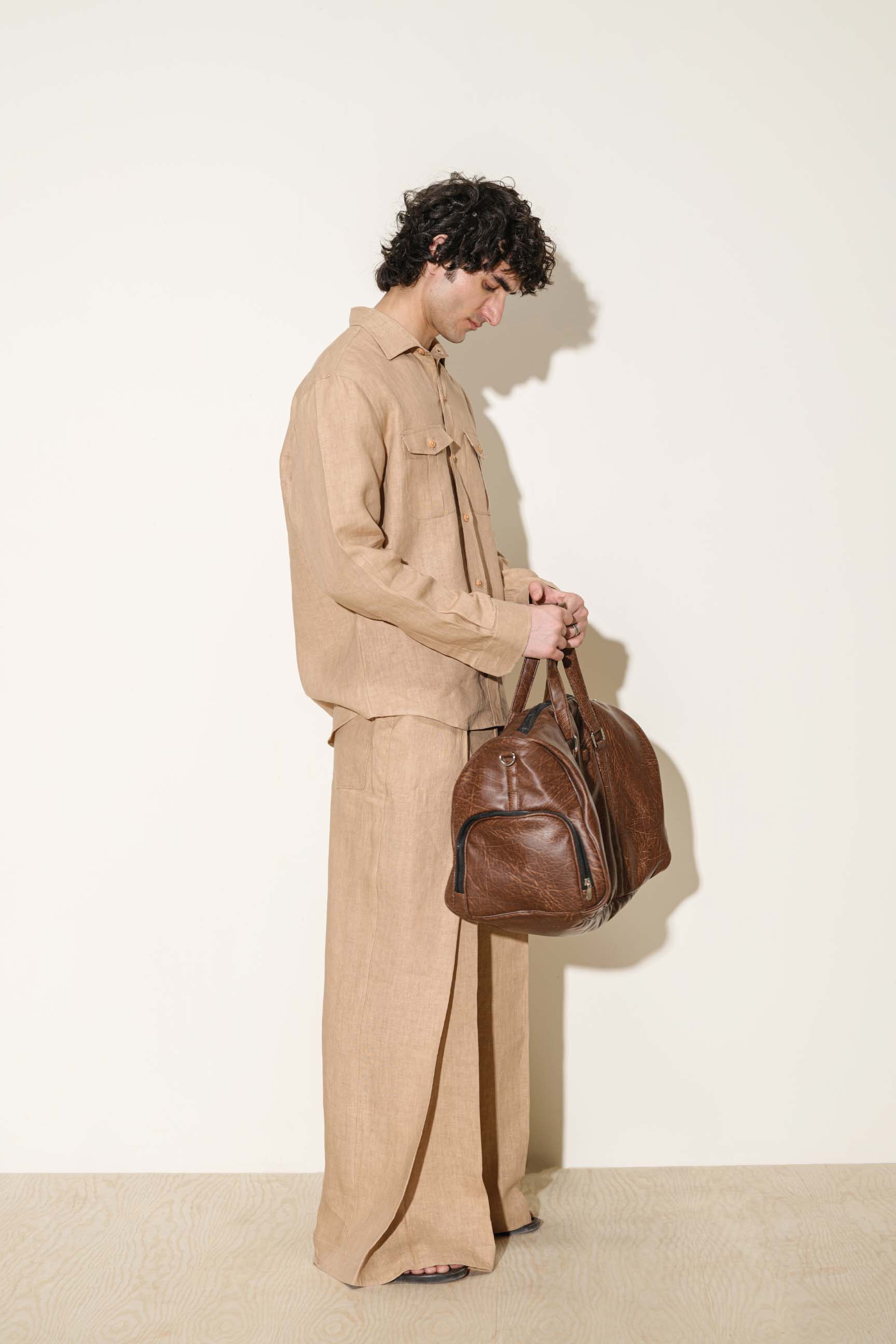 Flaxen Brown “Old Money” Cuban Collar Shirt with Bell-Bottom Trousers