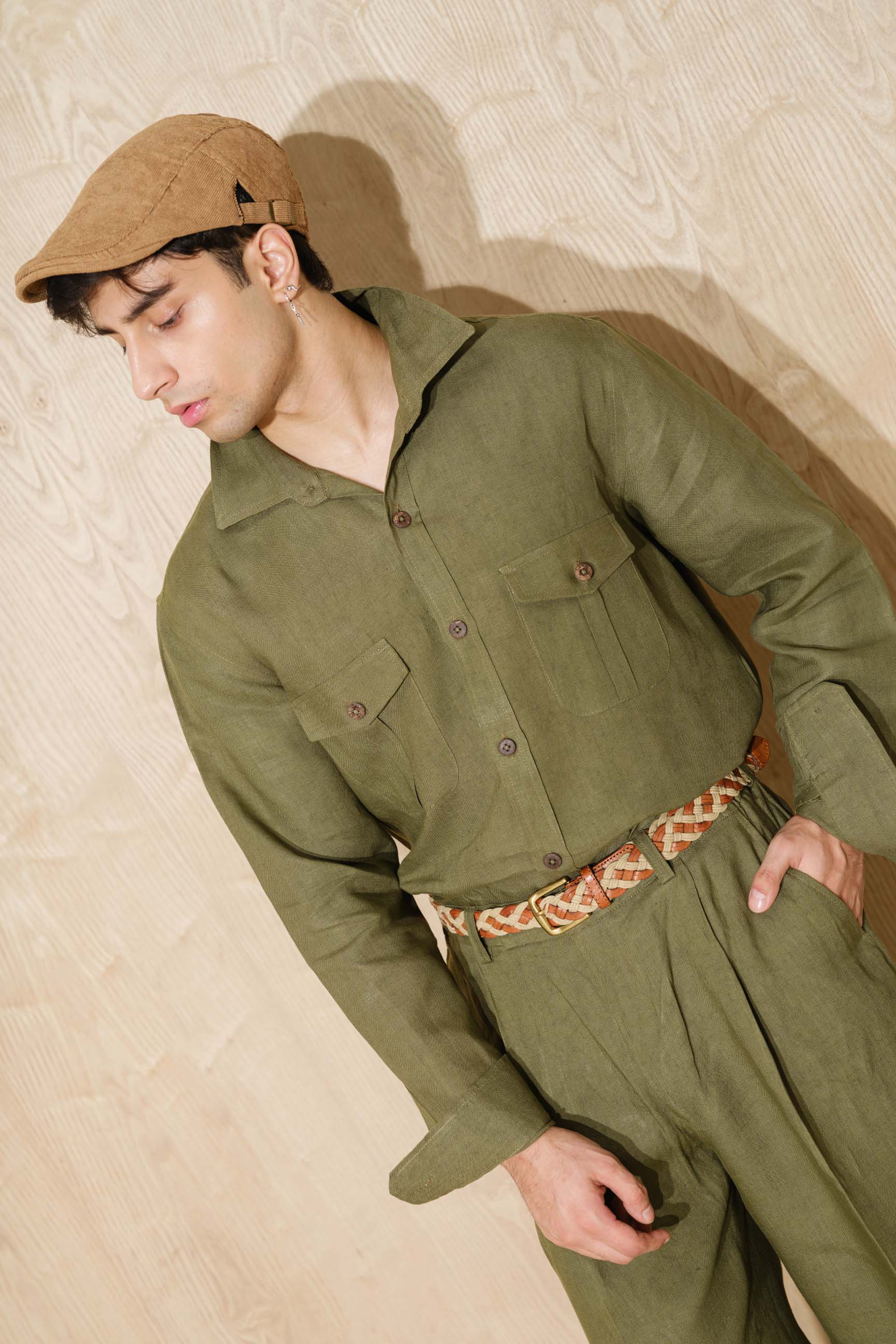 Army Green & Flaxen Brown “Old Money” Cuban Collar Shirt with Bell-Bottom Trousers
