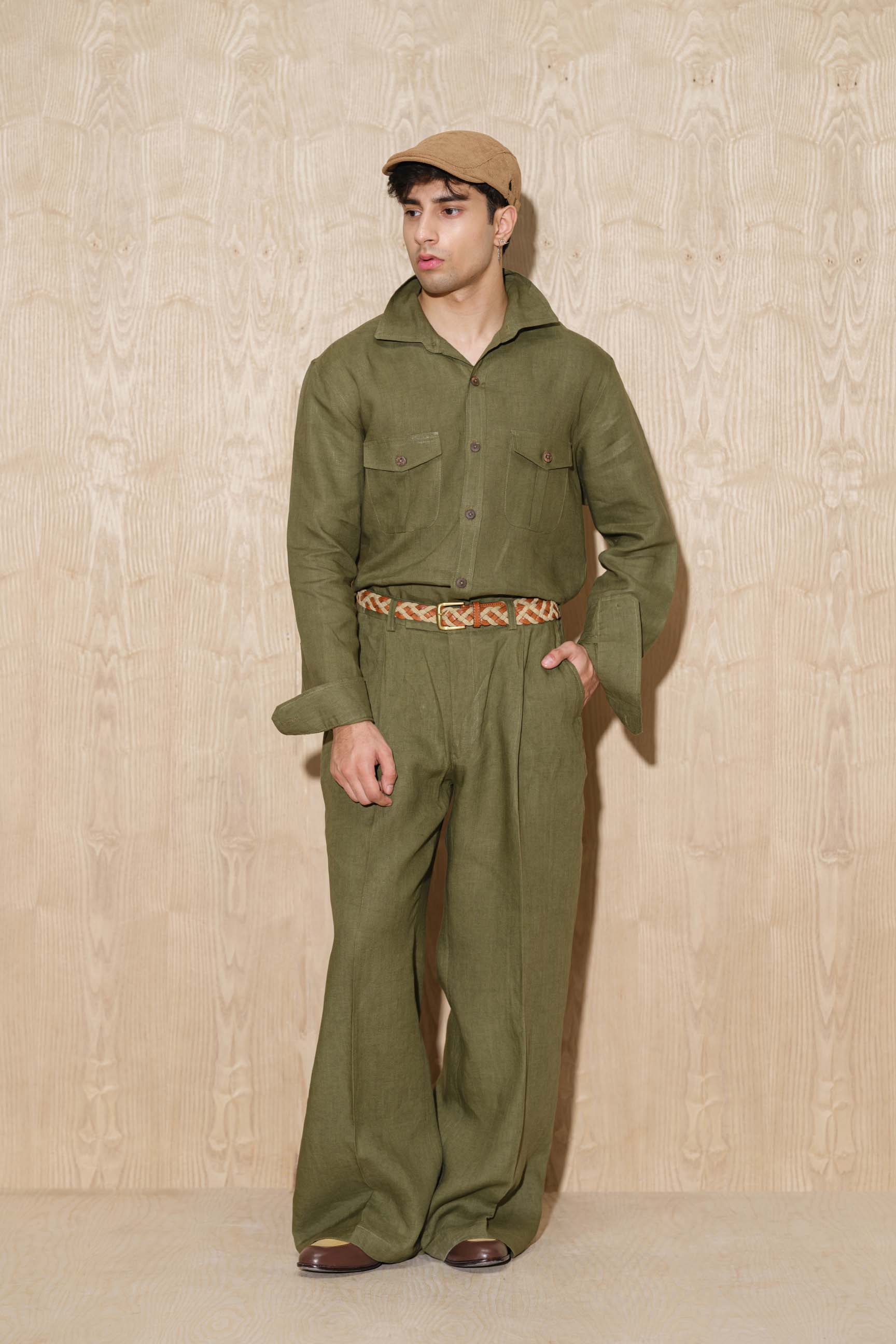 Army Green & Flaxen Brown “Old Money” Cuban Collar Shirt with Bell-Bottom Trousers