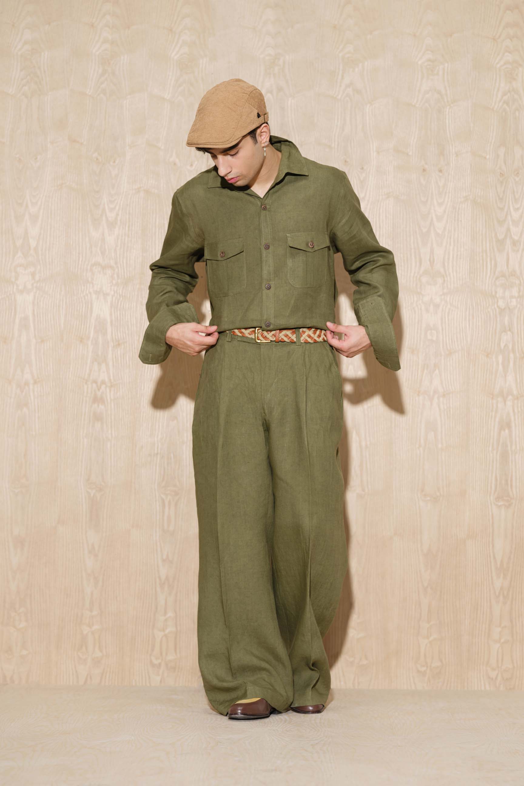 Army Green & Flaxen Brown “Old Money” Cuban Collar Shirt with Bell-Bottom Trousers