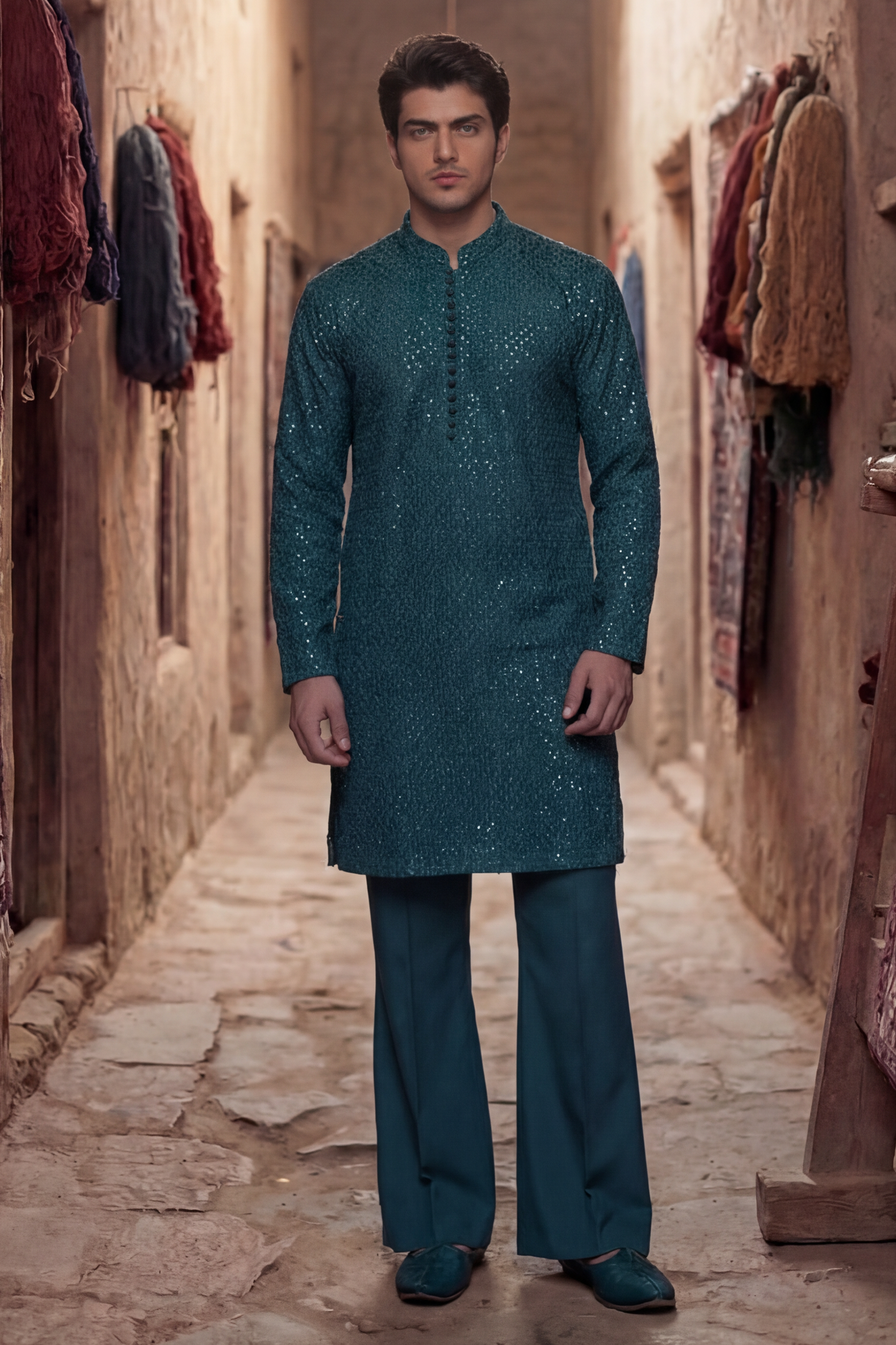 Teal Turquoise Embroidered Kurta & Trouser Set