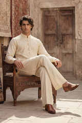 Classic Cream Beige Embroidered Kurta & Trouser Set