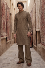 Dark Olive & Light Golden Embroidered Kurta & Trouser Set