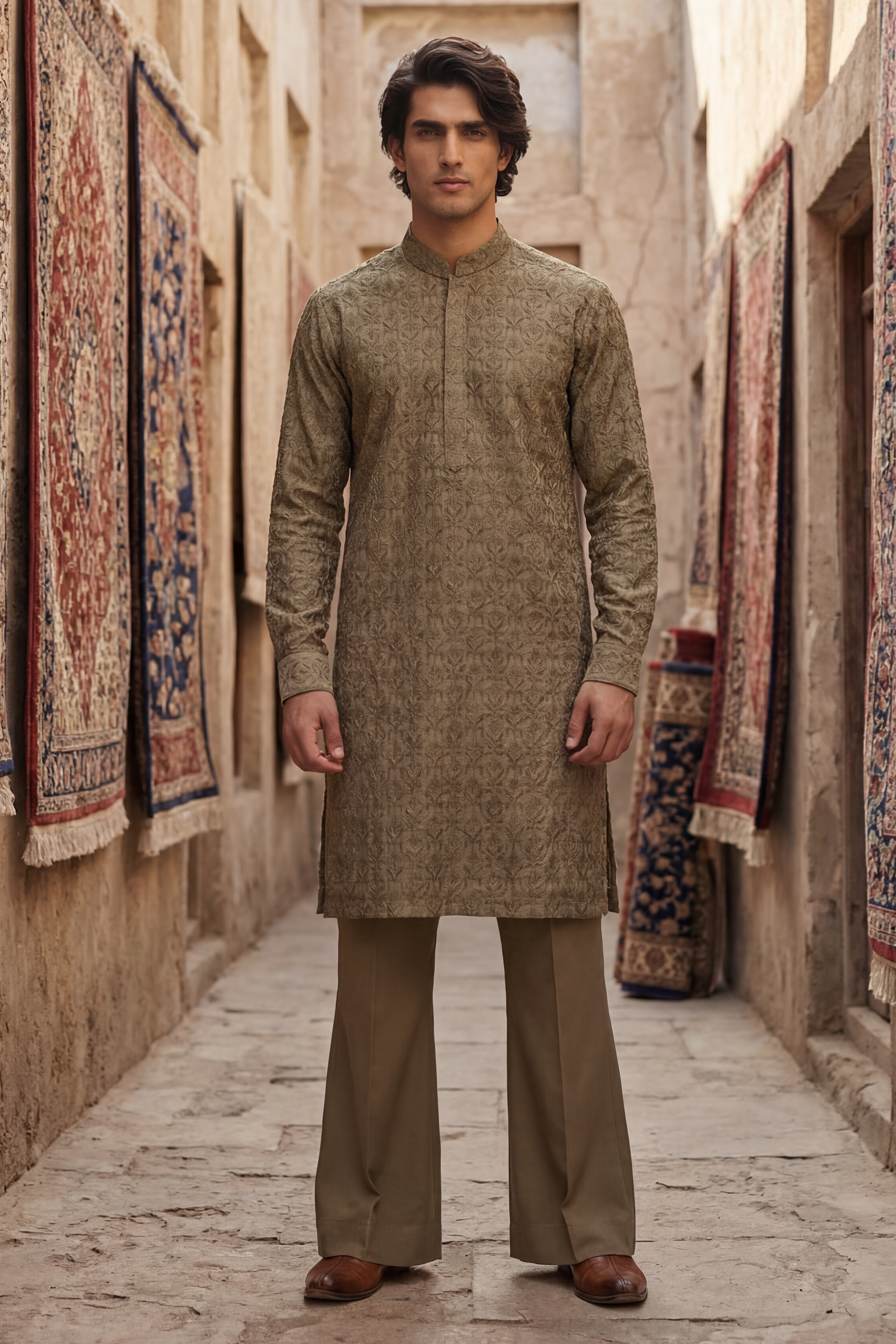 Dark Olive & Light Golden Embroidered Kurta & Trouser Set