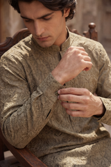 Dark Olive & Light Golden Embroidered Kurta & Trouser Set