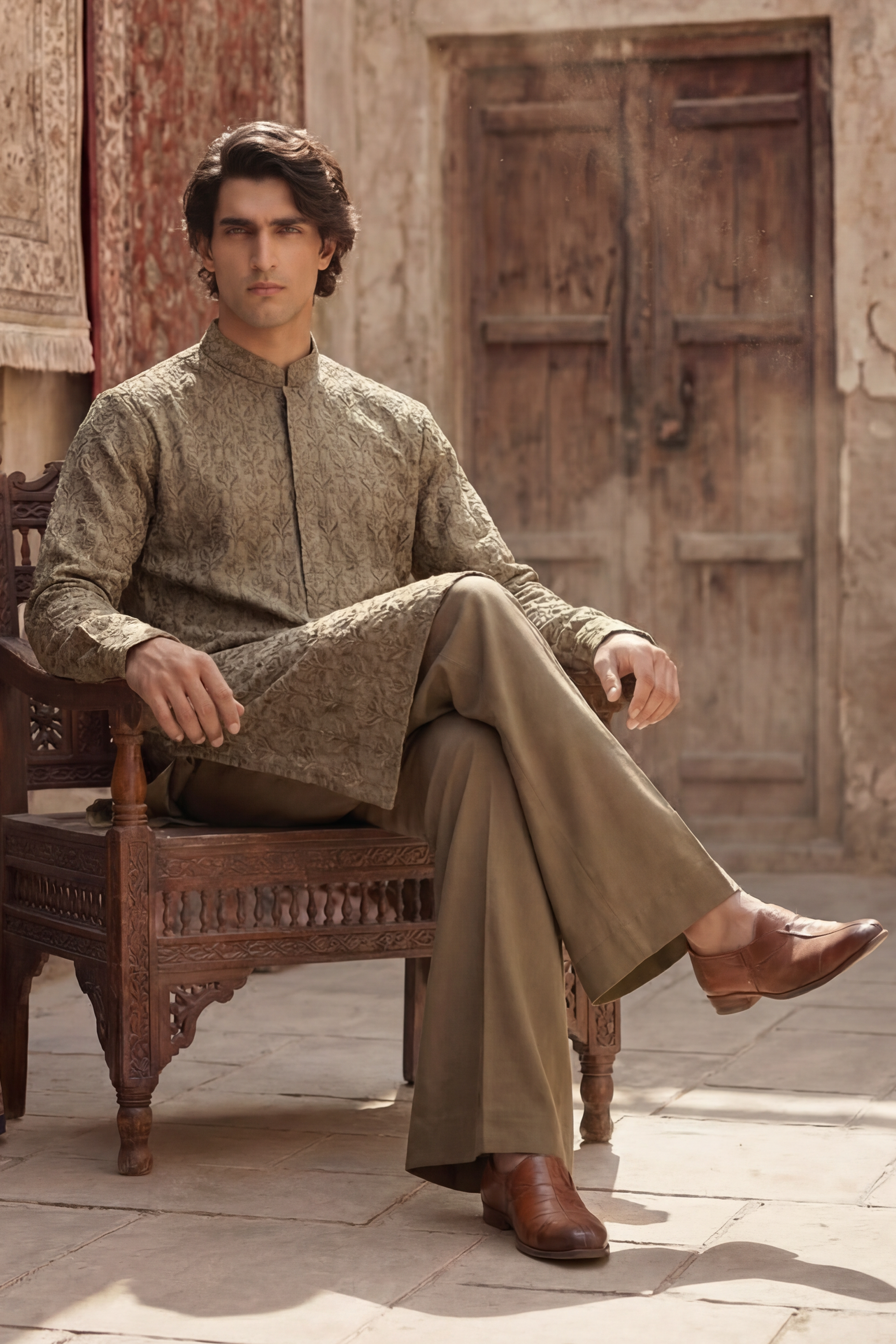 Dark Olive & Light Golden Embroidered Kurta & Trouser Set