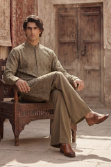 Dark Olive & Light Golden Embroidered Kurta & Trouser Set