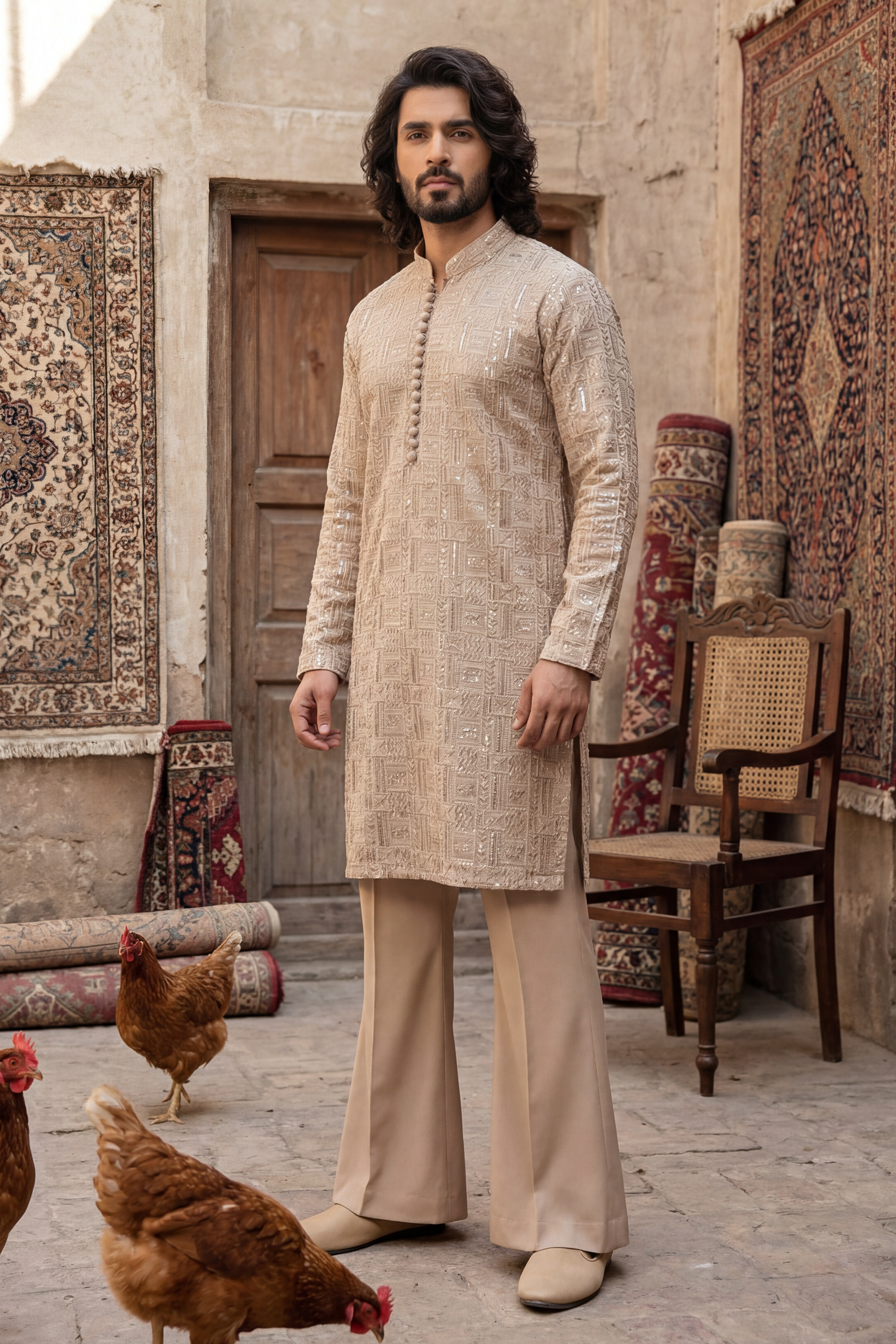 Sand Gold Embroidered Kurta & Trouser Set