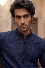 Dark Navy Blue & Light Beige Embroidered Kurta & Trouser Set